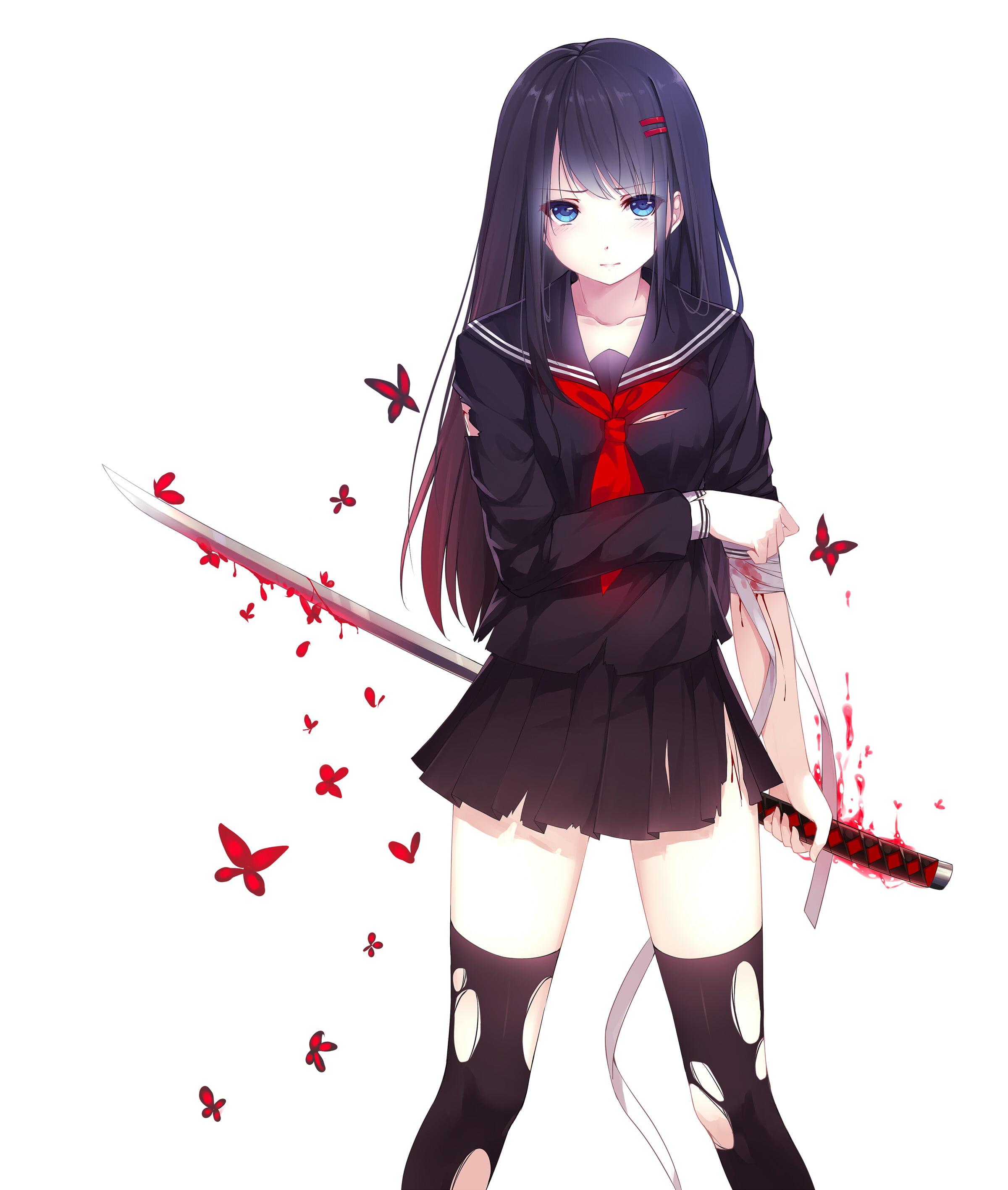 Female anime character, sword, blood, katana, school uniform