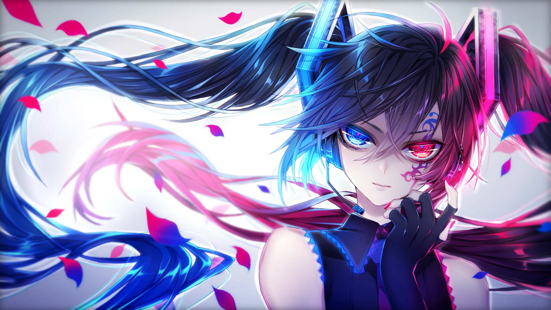 Download 1920x1080 Hatsune Miku, Bicolored Eyes, Petals