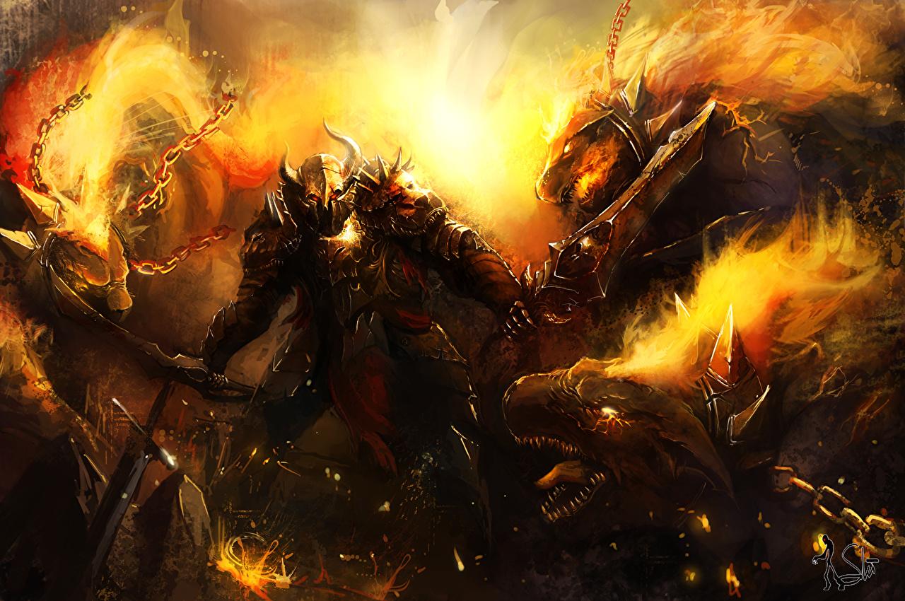 Desktop Wallpaper Armor Swords Monsters Fantasy Fire fighting