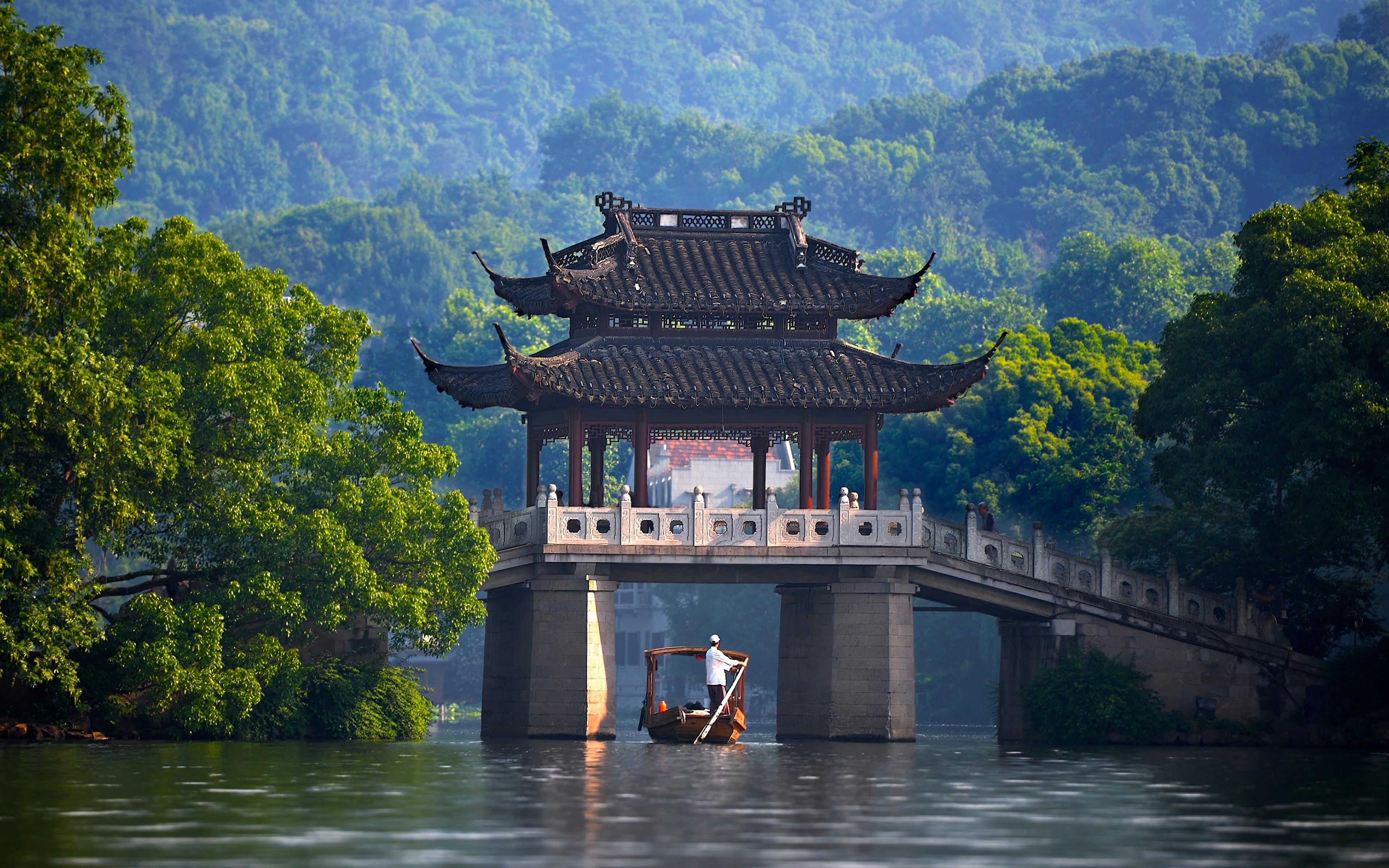 Picture China Nature bridge Pagodas Boats Rivers 3840x2400