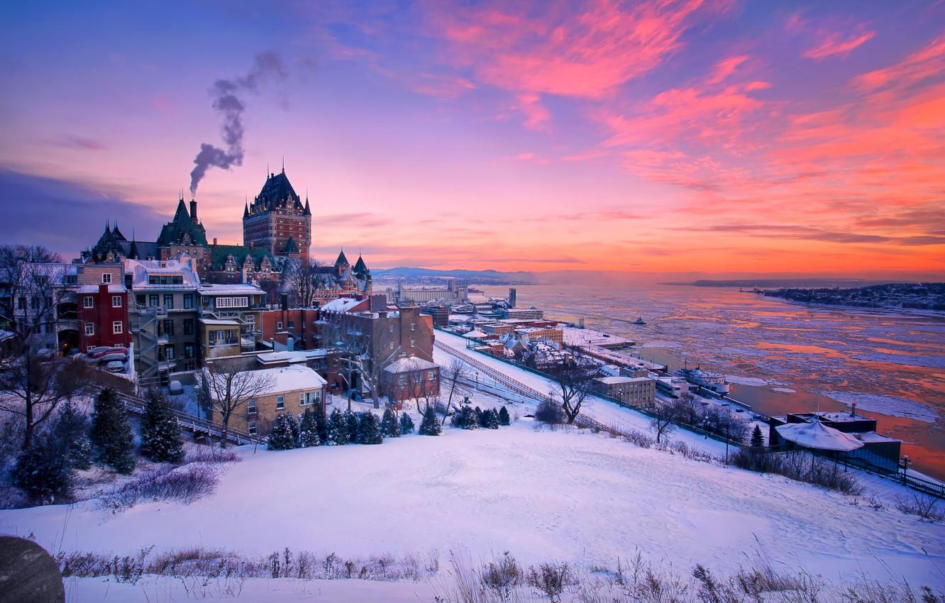 Wallpaper winter, snow, sunset, river, building, home, Canada, Canada, Quebec, QC, Saint Lawrence River, The St. Lawrence River, Quebec City image for desktop, section город