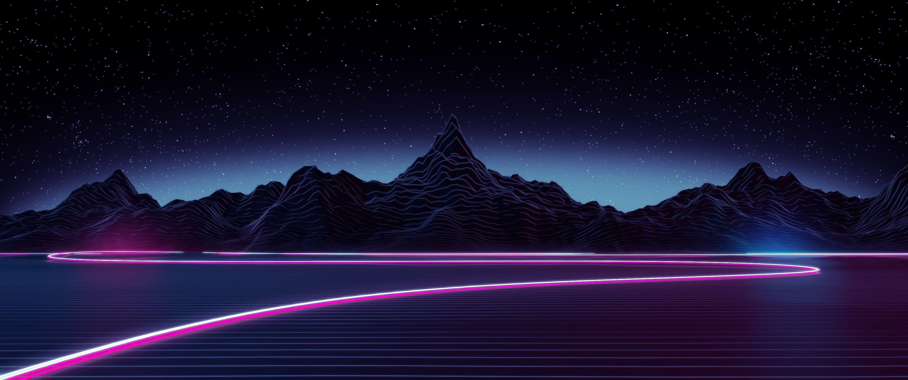 black mountain wallpaper digital art #neon #mountains #lake #stars
