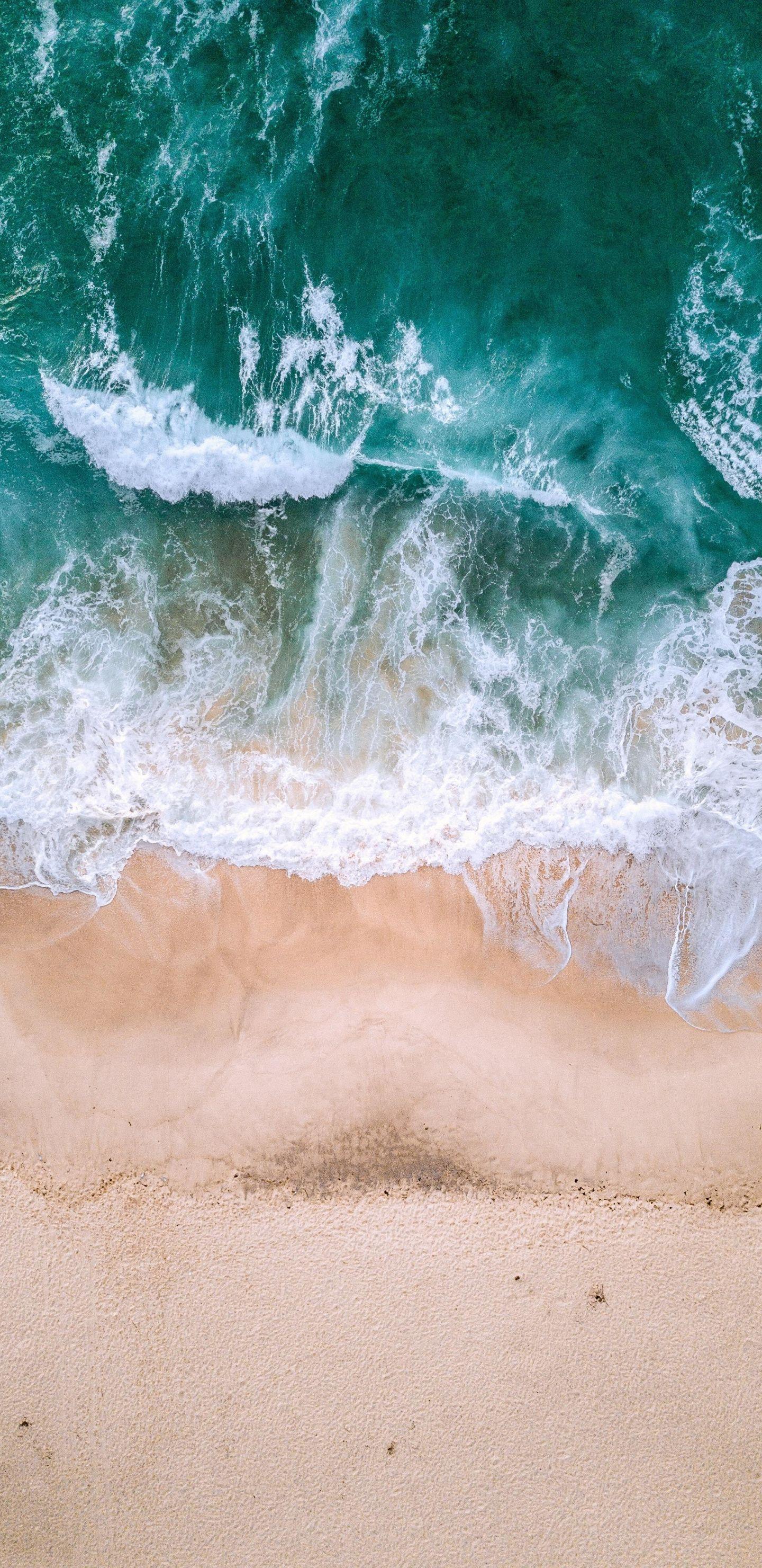 Aerial view, sea waves, beach, green white, 1440x2960