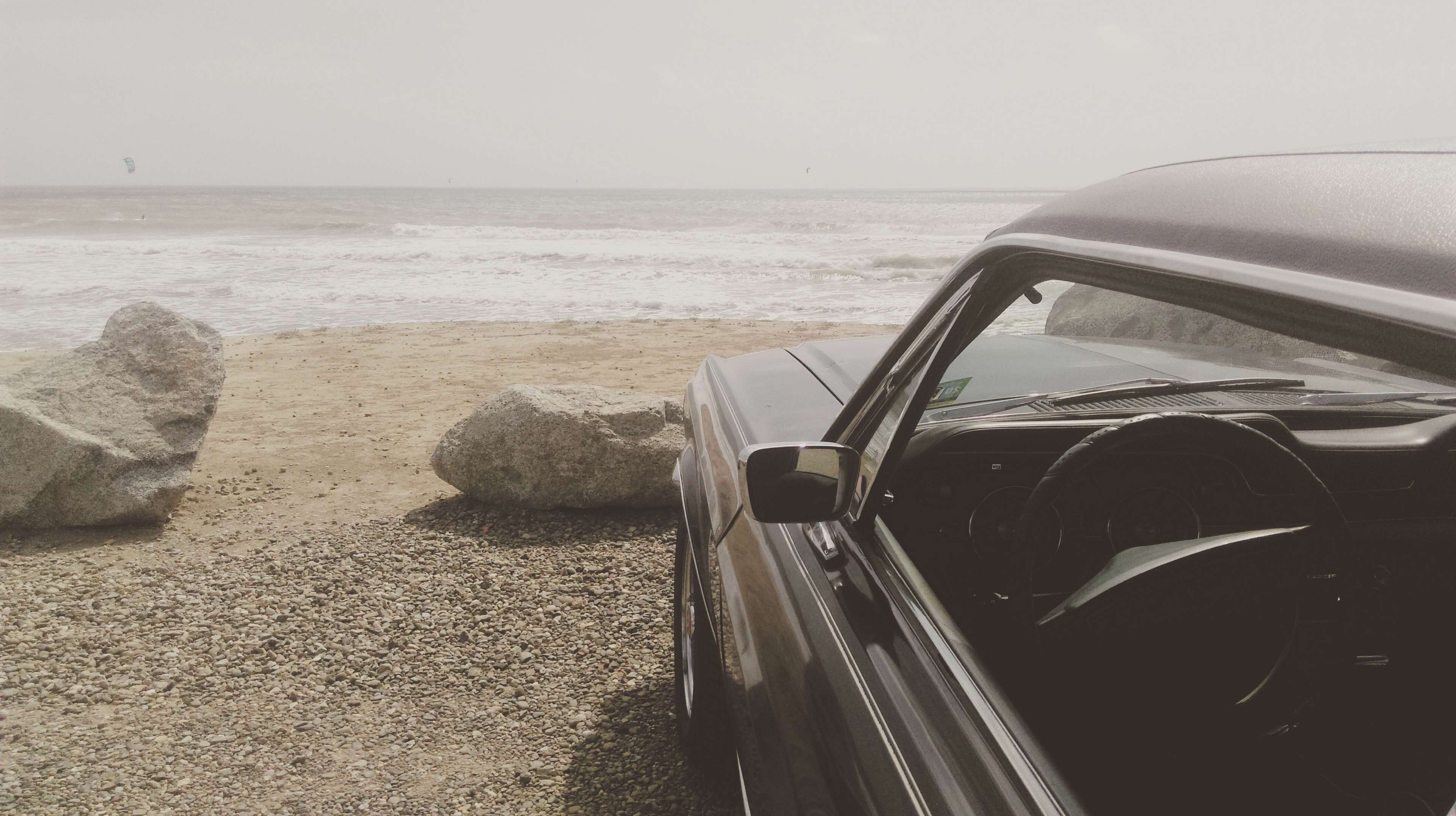beach, car, mustang, ocean, parked, sand, sea, seaside