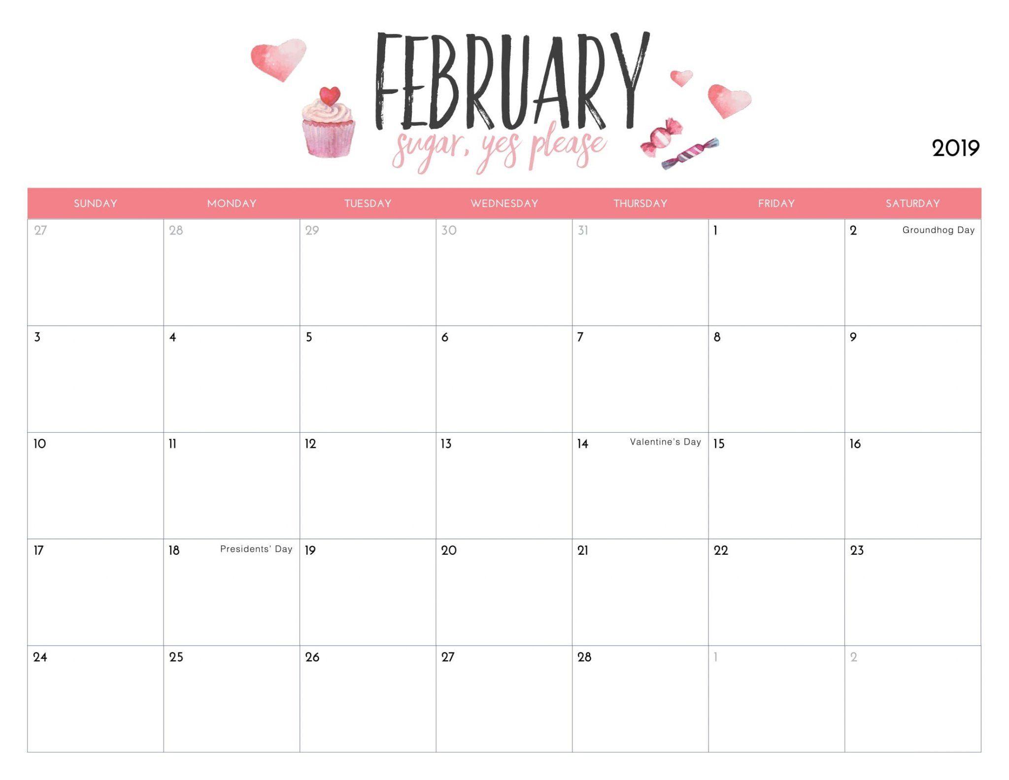 Cute February 2019 Calendar. Calendar 2019 printable, 2019
