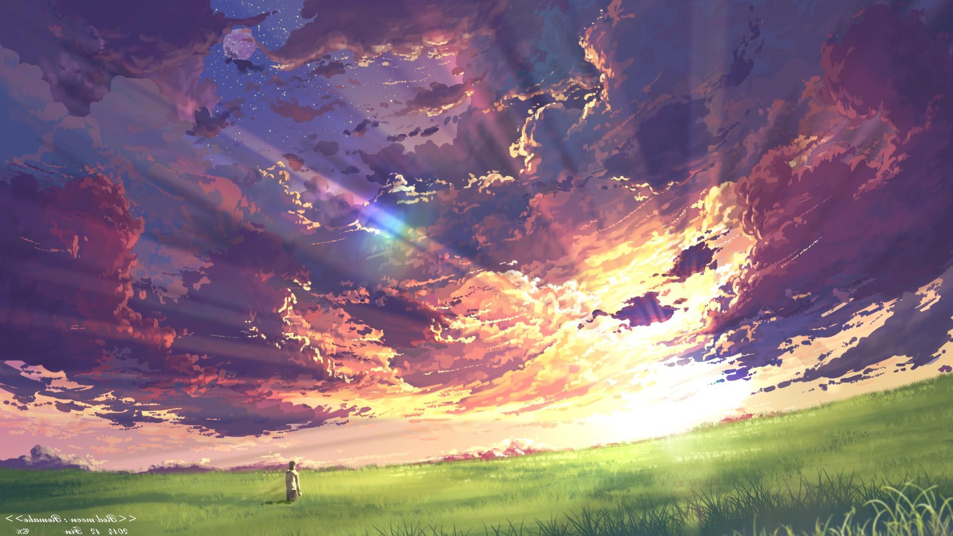 Anime, Clouds, Sky, Sunset, Sun Rays, Field Wallpapers