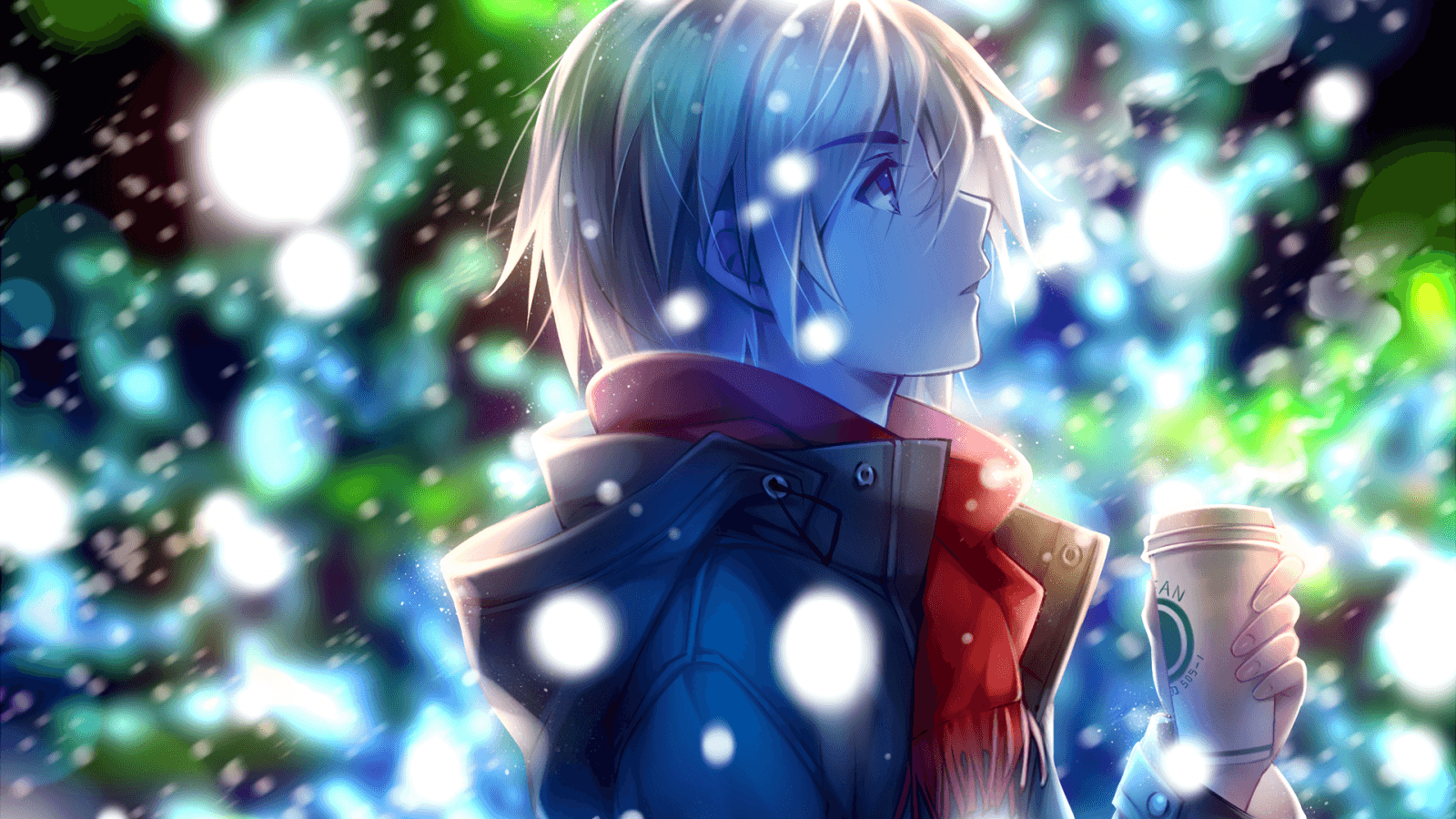 Download 1600x900 Anime Boy, Profile View, Red Scarf, Winter