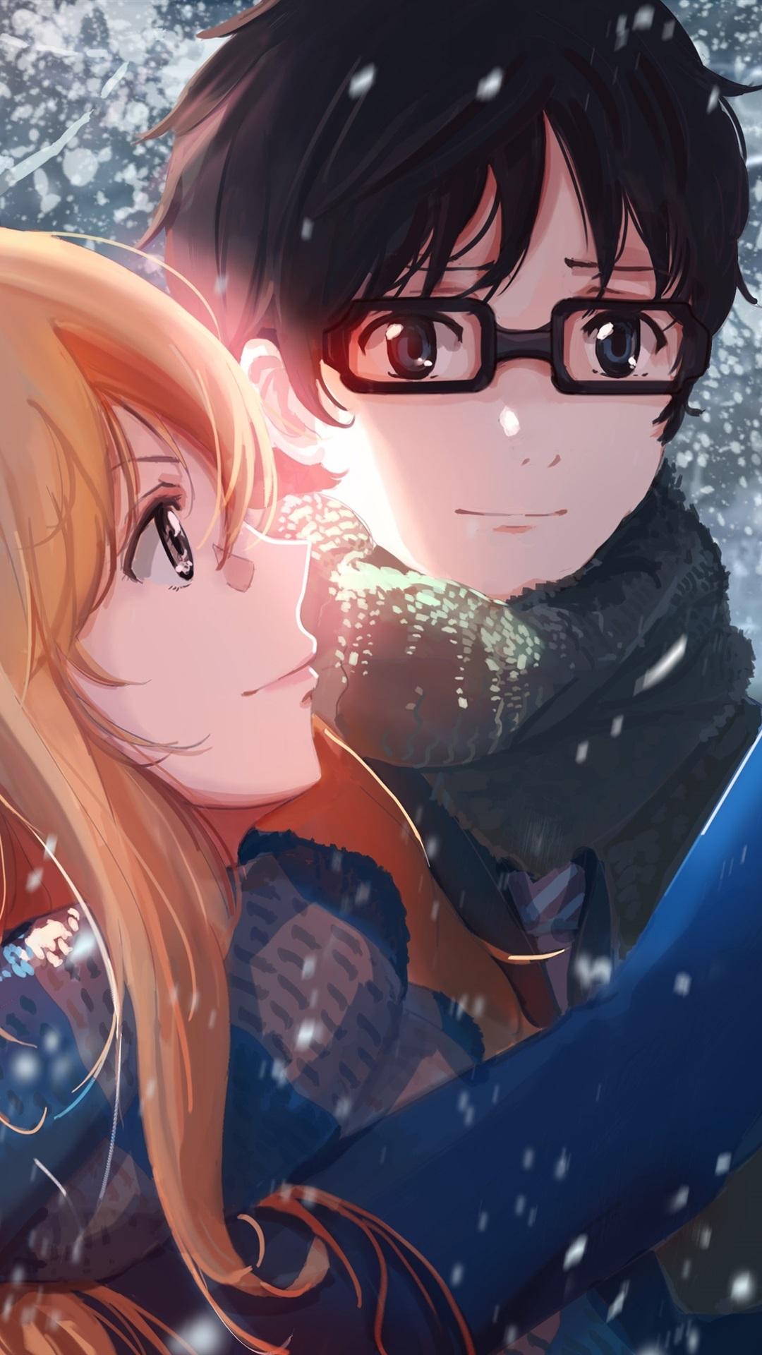 Anime Girl And Boy In Winter, Cat, Snow 1080x1920 IPhone 8 7 6 6S Plus Wallpaper, Background, Picture, Image