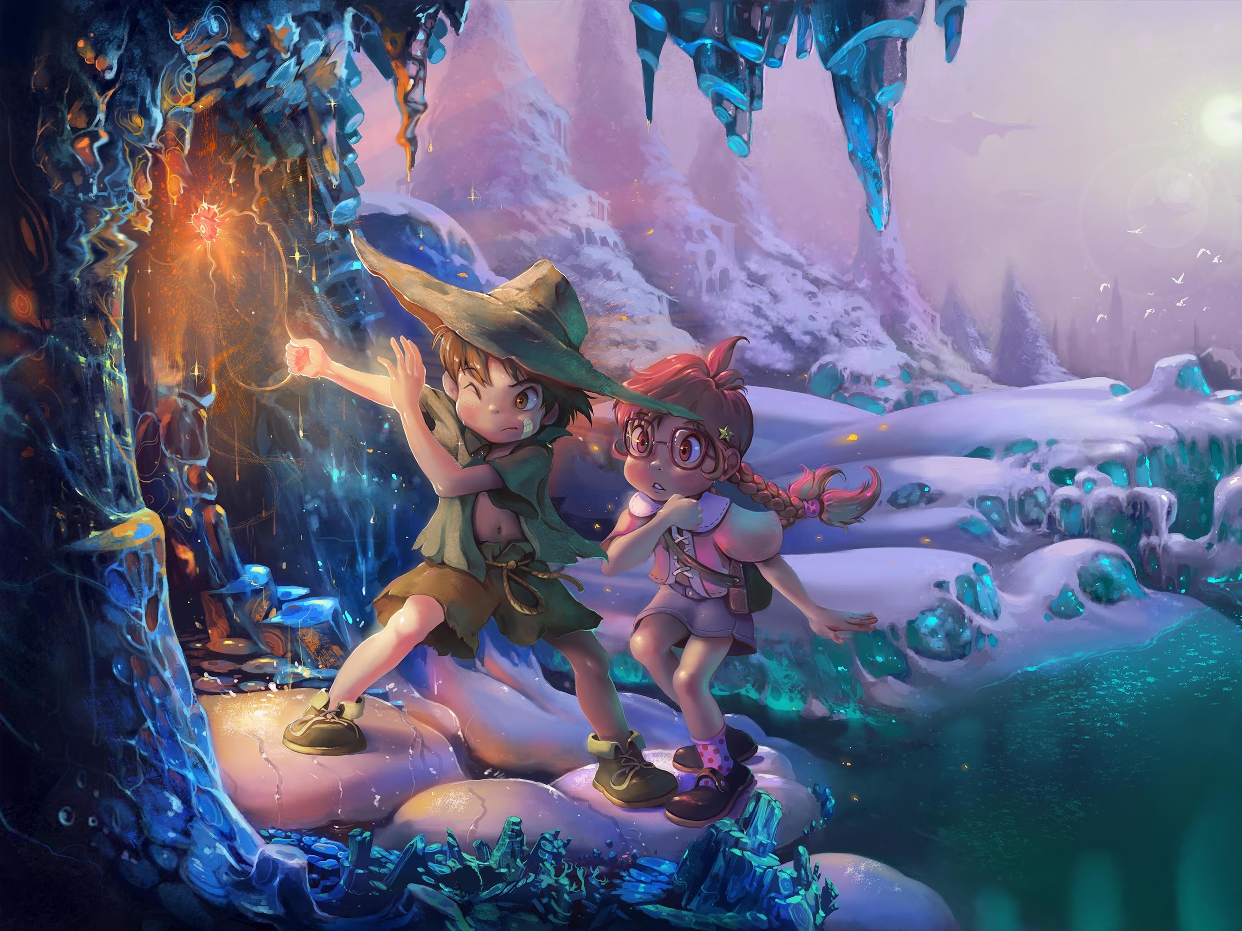 Wallpaper Child, girl and boy, snow, winter, magic, art