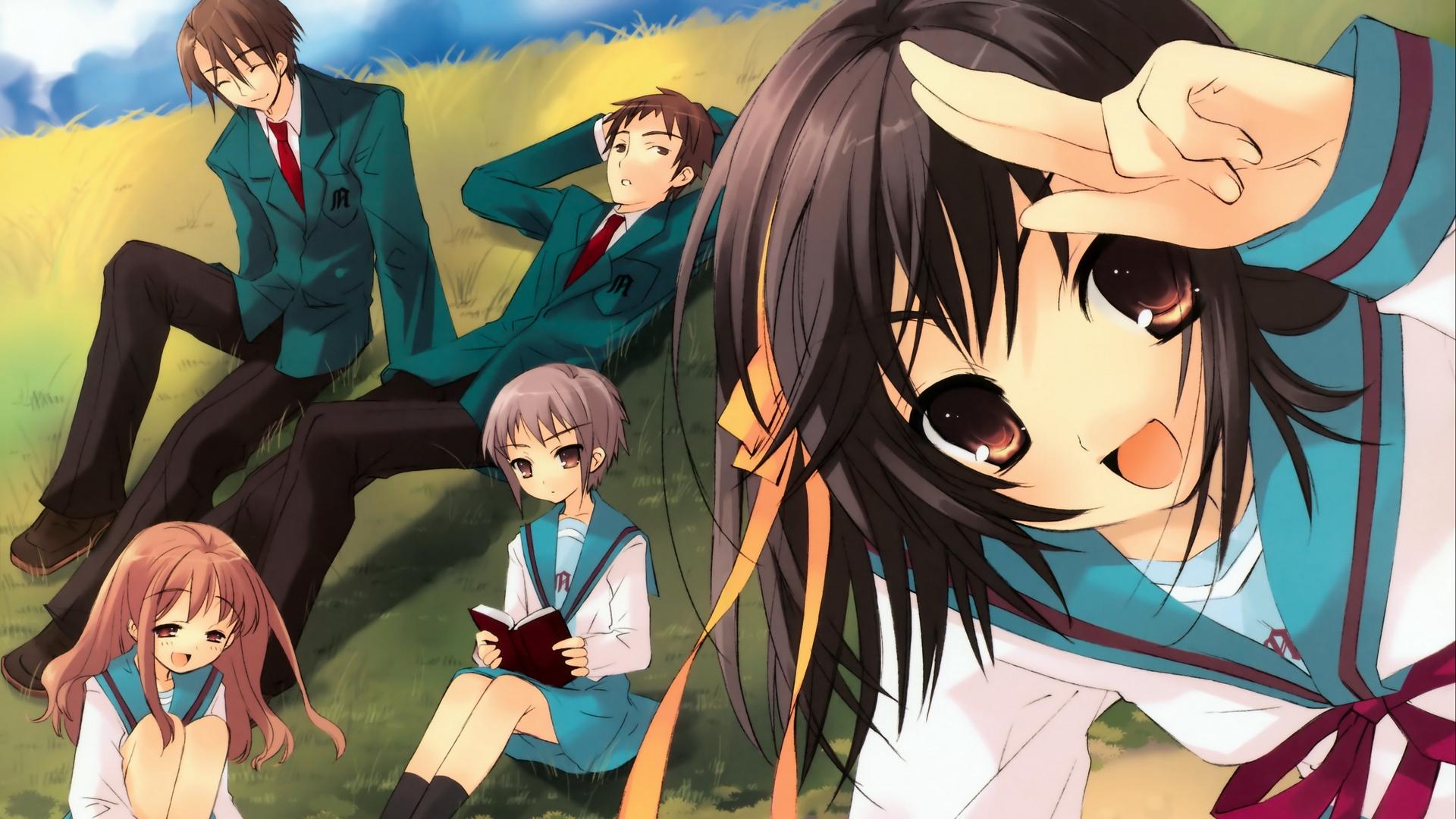 Download wallpaper 1920x1080 anime, students, meadow