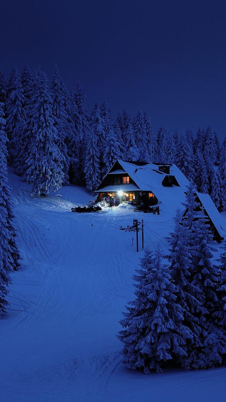 House, night, winter, trees, snow layer, nature, 720x1280 wallpaper. Winter scenery, Winter landscape, Winter scenes
