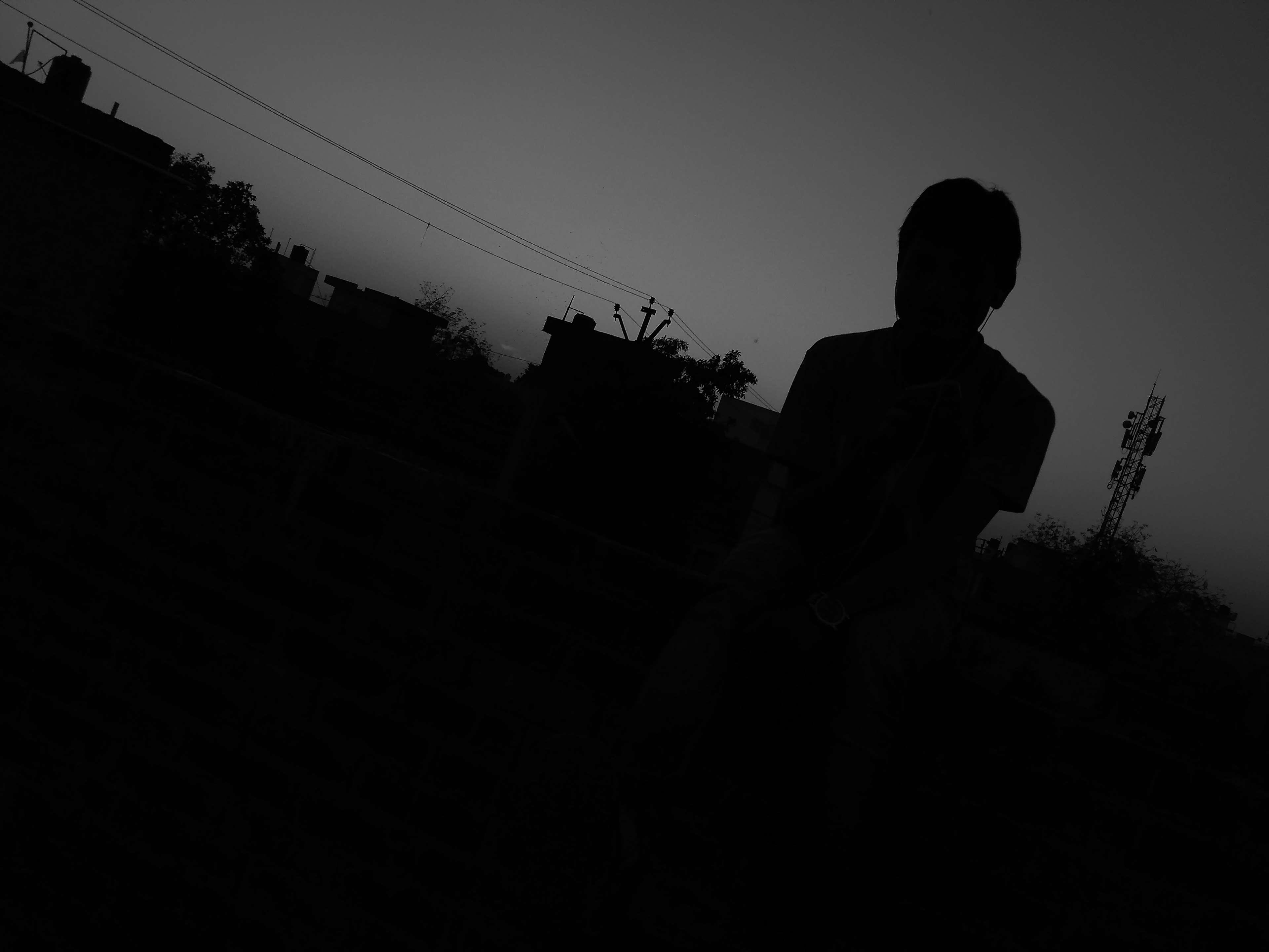 alone, black, black and white, boy, dark, evening sky, HD