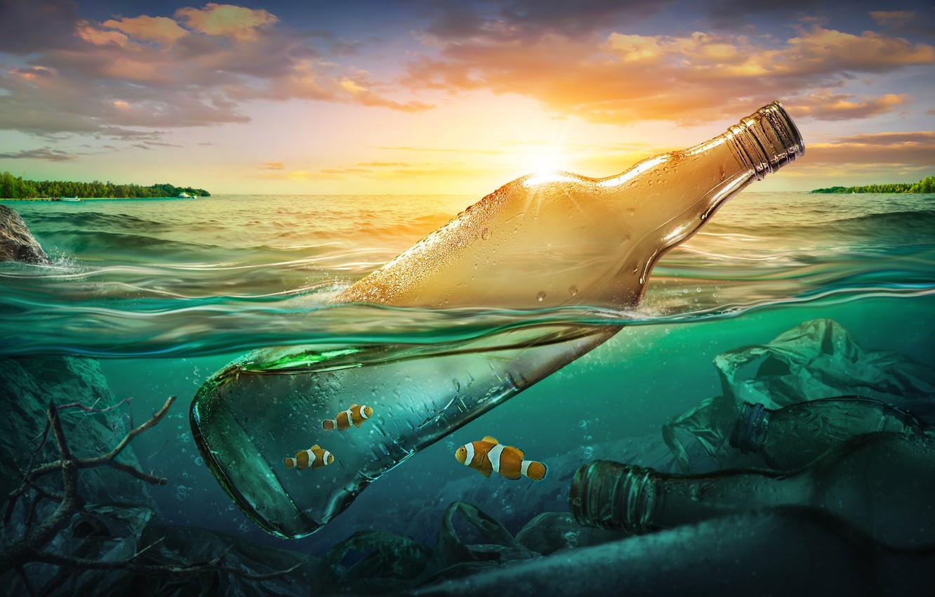 Wallpaper sea, fish, garbage, the ocean, bottle, pollution