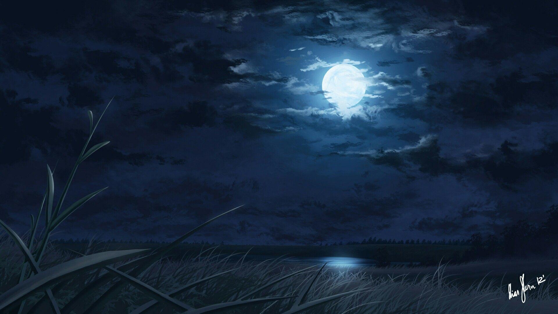 Full Moon, sea, clouds, grass. Moon painting, Moon sea
