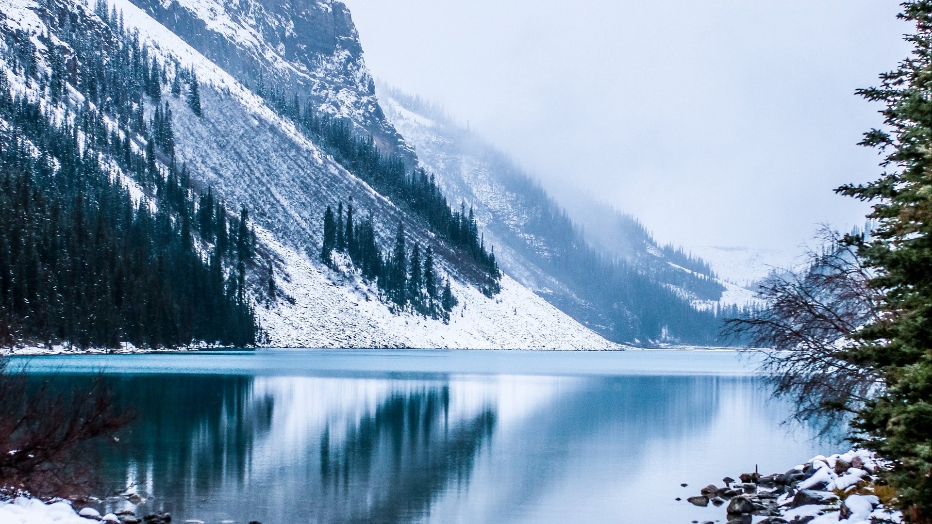 Wallpaper Lake, Mountain, Fog, Snowy, Mountain Landscape