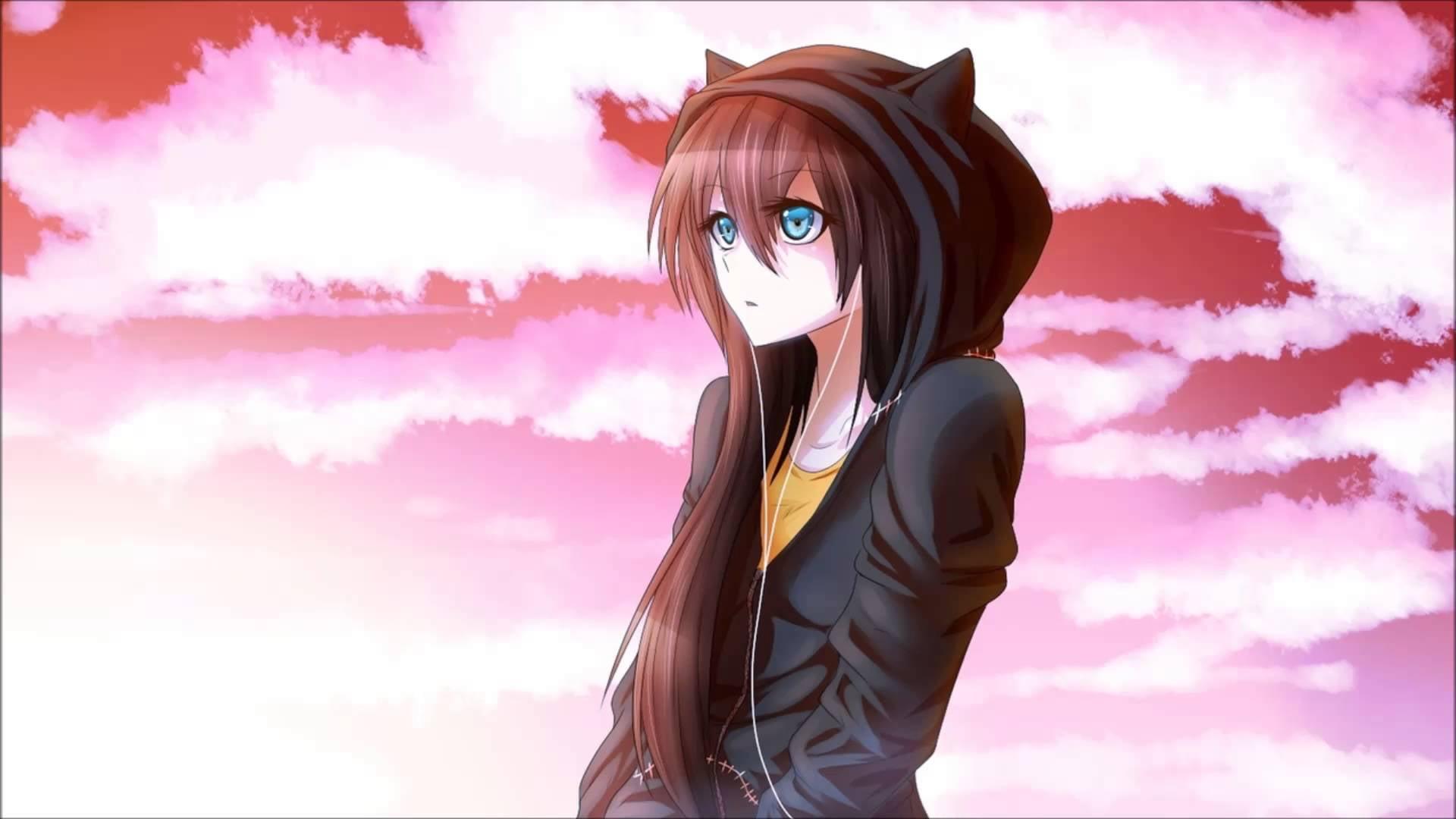 Brown haired girl anime character wearing black hoodie and