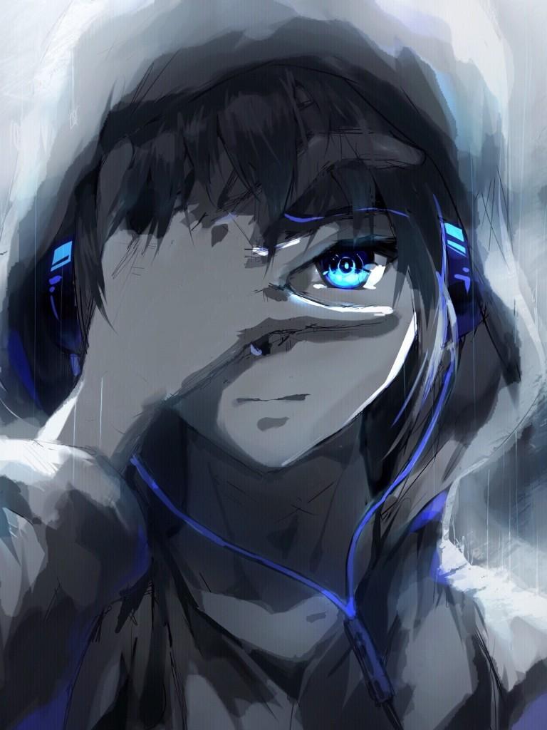 Download 768x1024 Anime Boy, Hoodie, Blue Eyes, Headphones