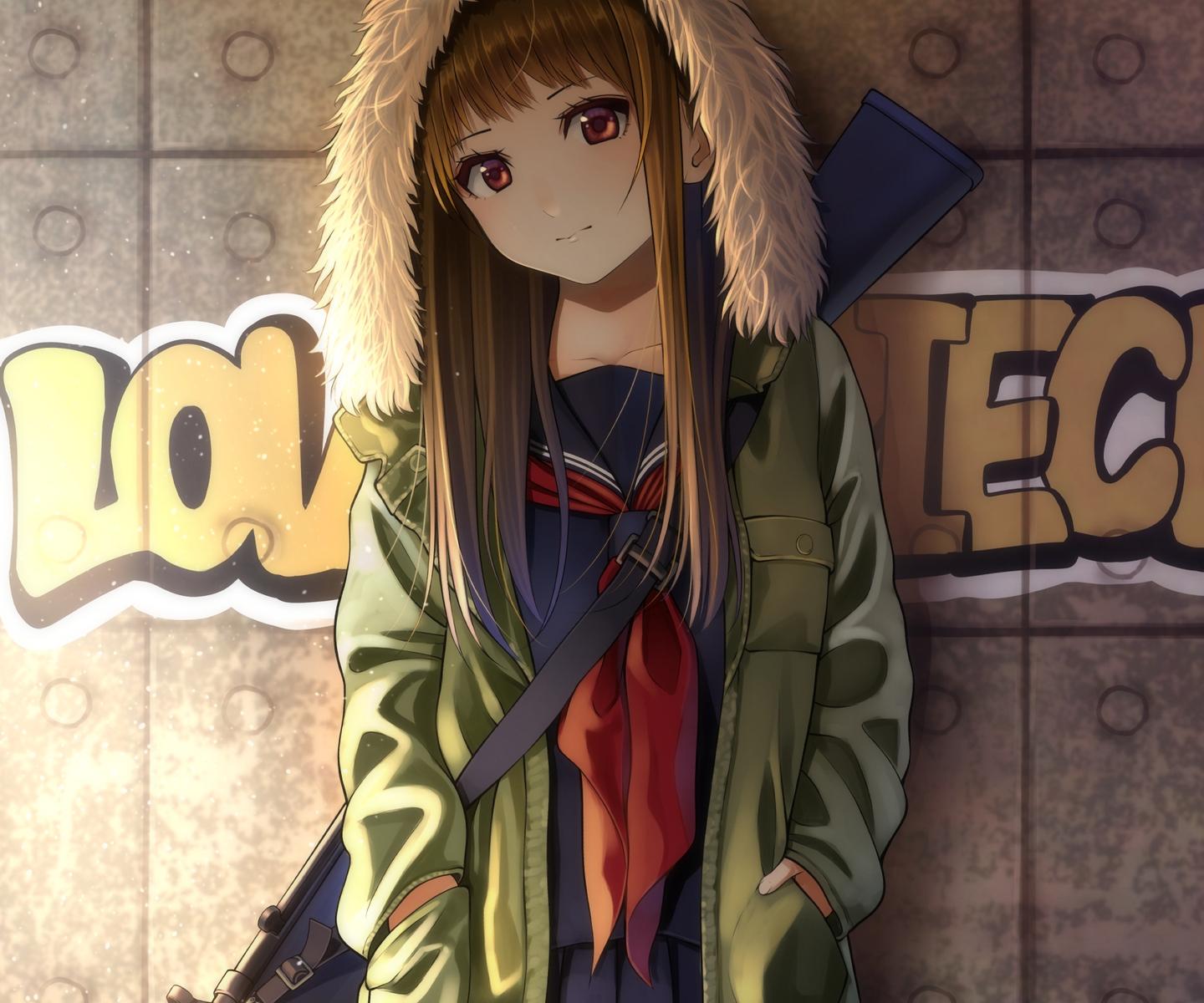 brown hair cropped graffiti gun hoodie kentaurosu long hair