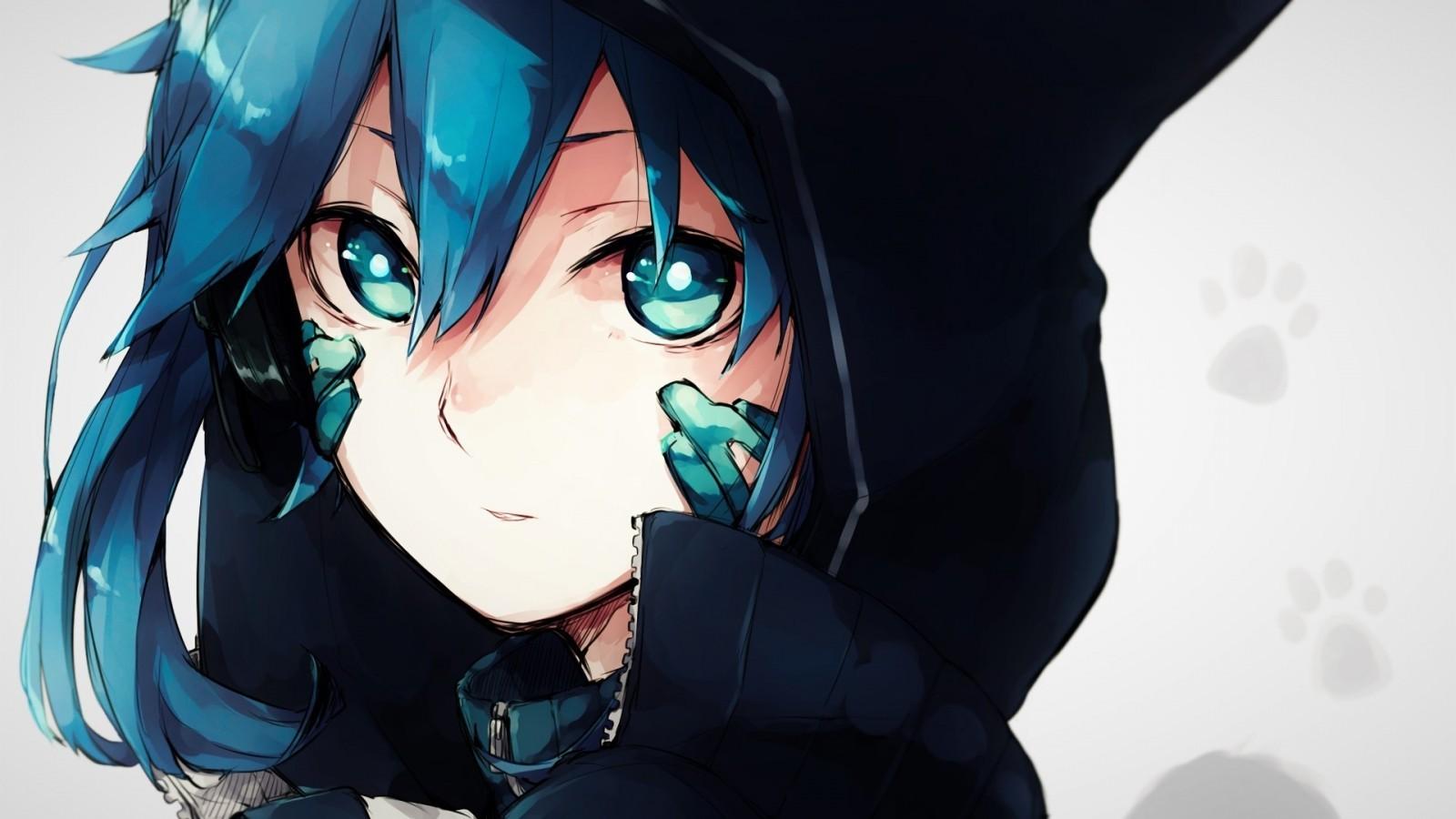 Download 1600x900 Anime Girl, Hoodie, Blue Hair, Close Up