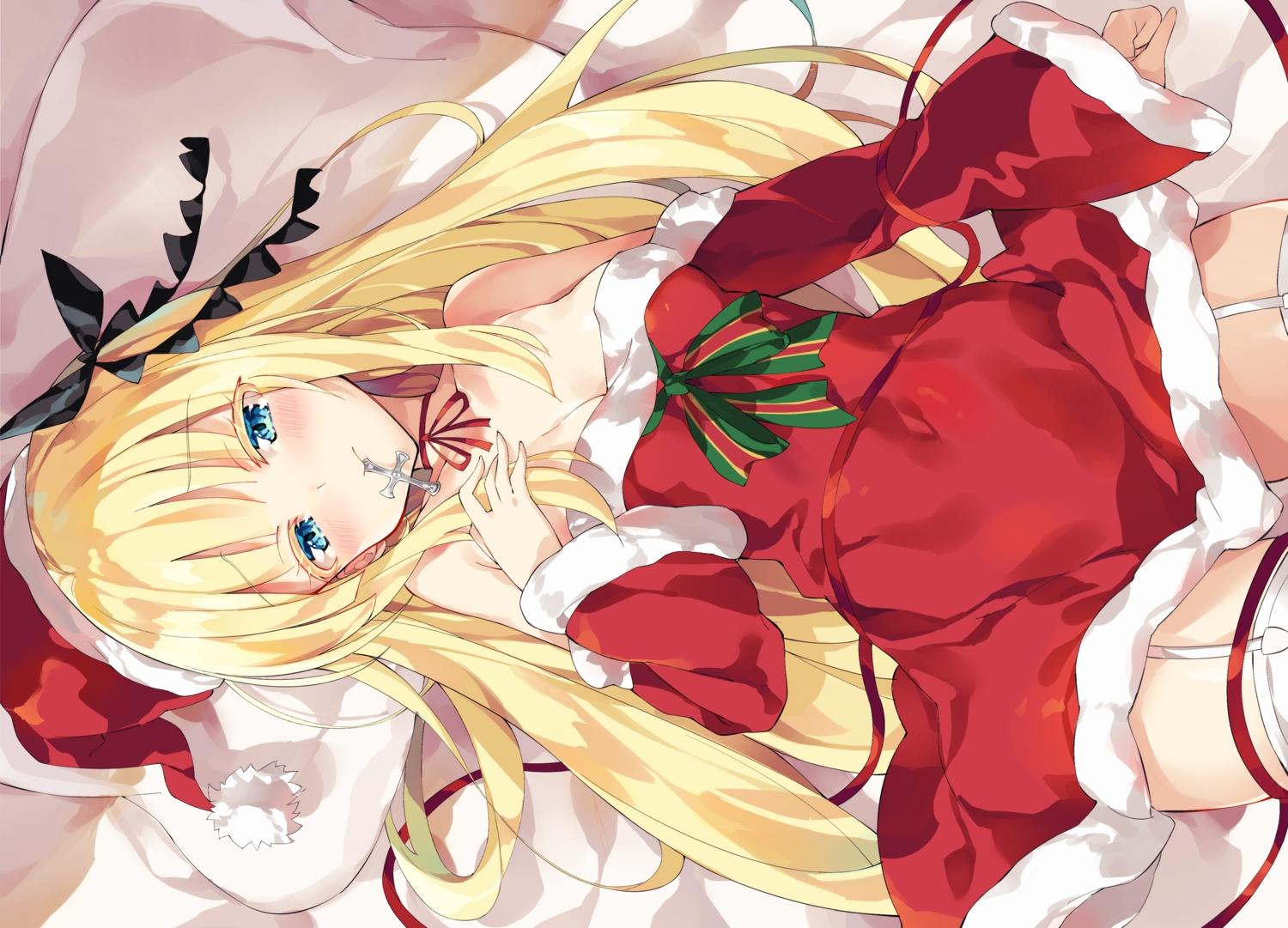 aqua eyes bed blonde hair blush choker christmas cross dress