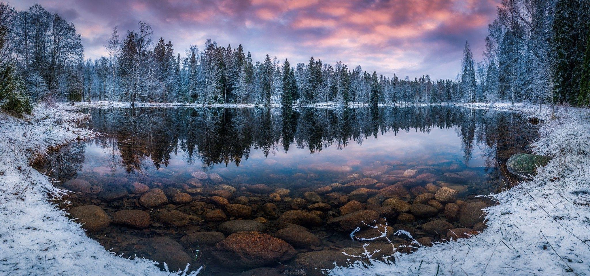 nature, Landscape, Winter, Sunrise, Lake, Forest, Snow