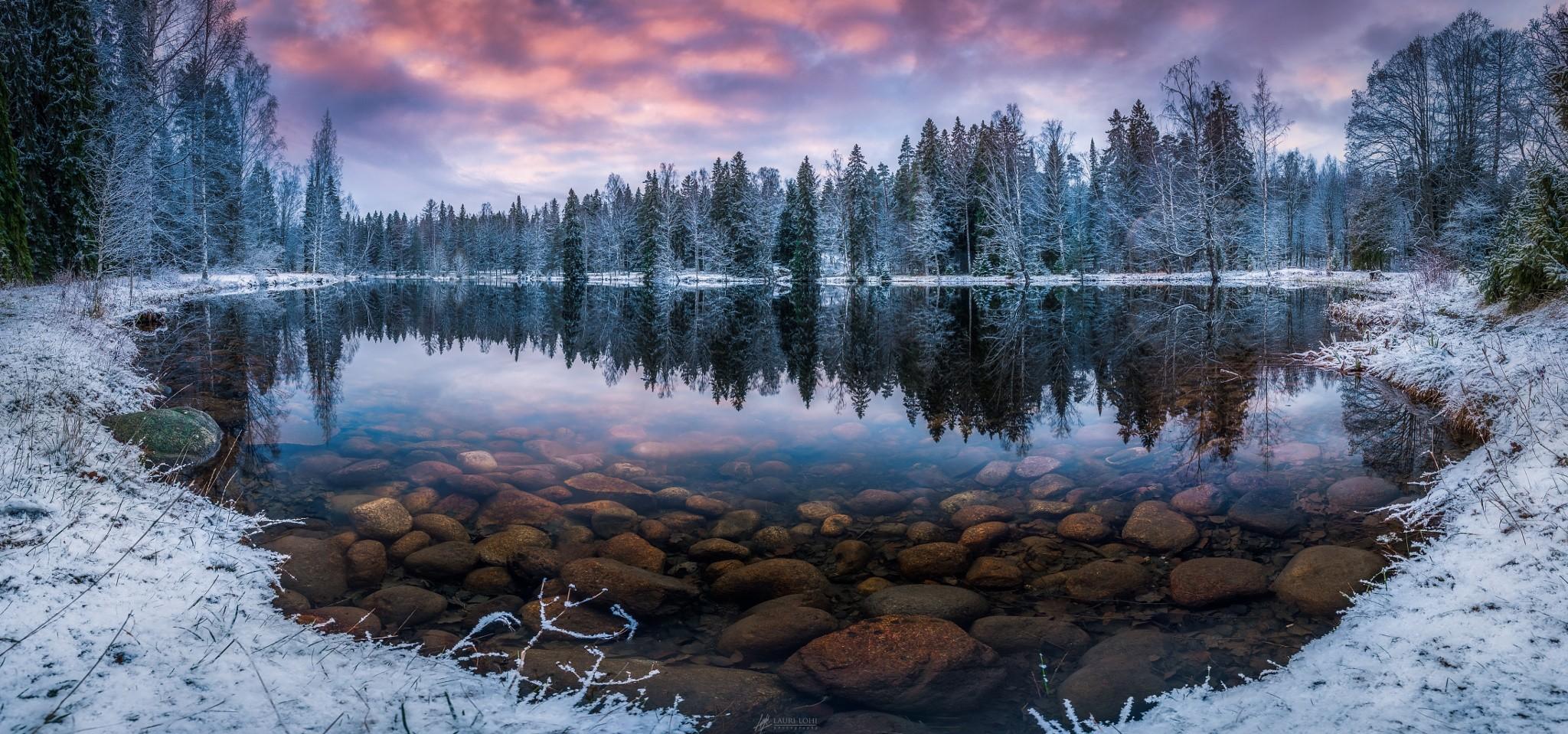 #forest, #landscape, #lake, #morning, #snow, #winter