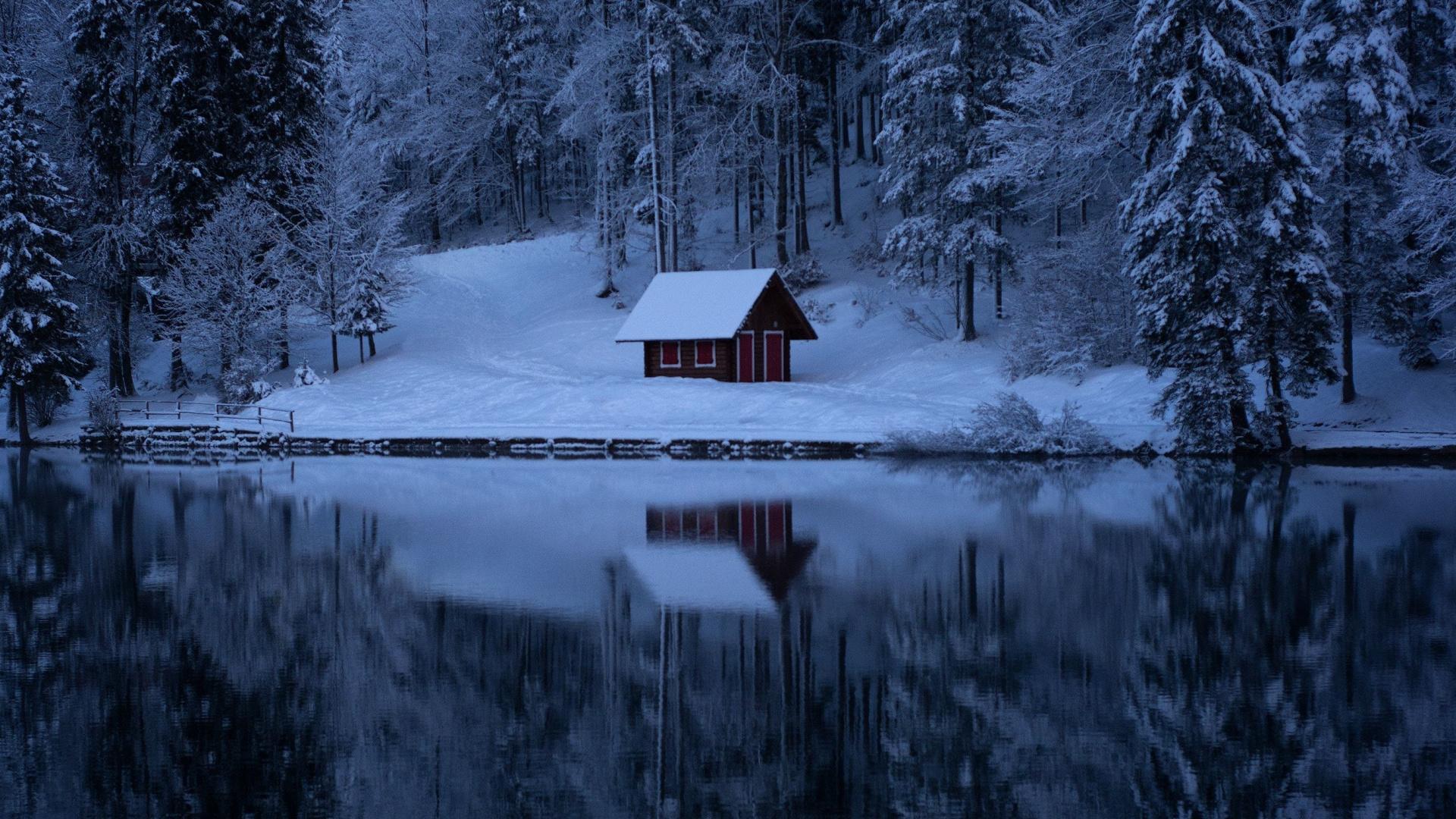 Winter, Lake, House, Evening, Nature, Wallpaper