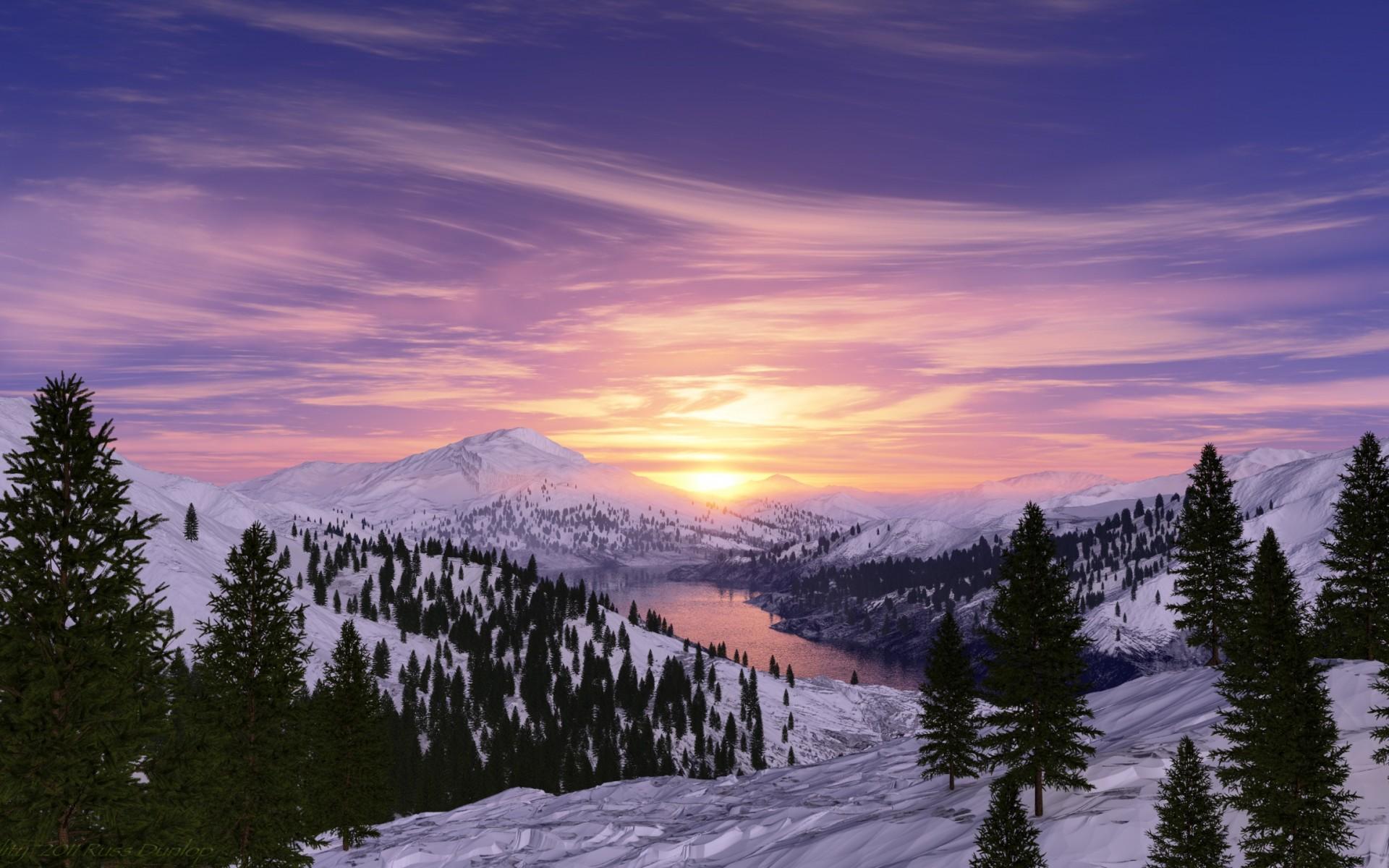 Wallpaper Sunrise, Morning, Snow mountains, Lake, Nature
