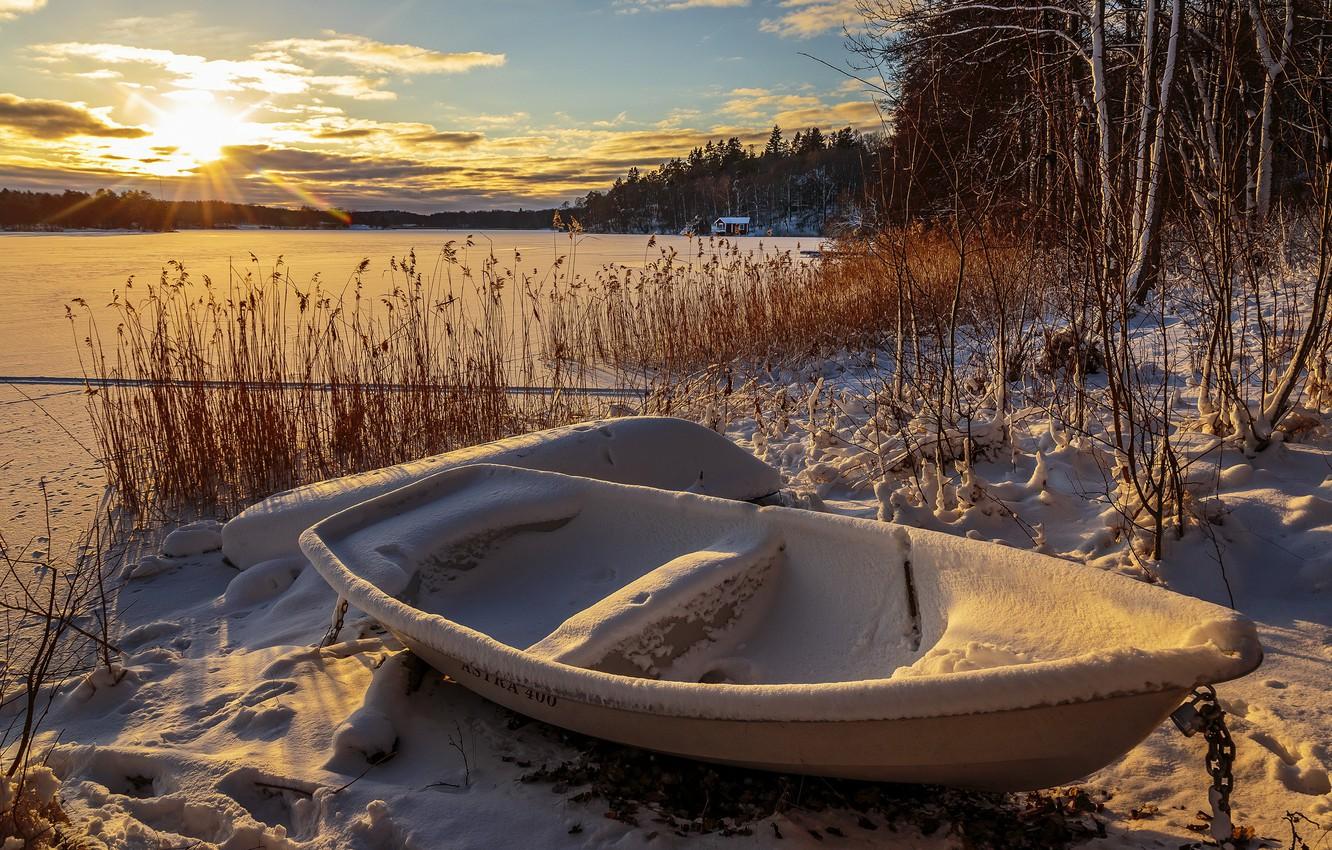 Wallpaper winter, lake, boat, morning image for desktop