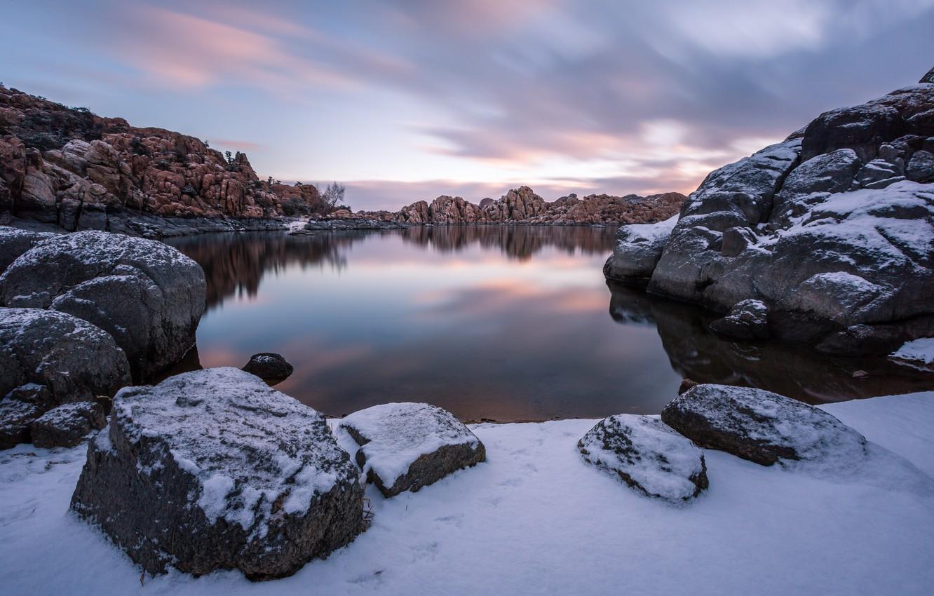 Wallpaper winter, lake, sunrise, morning, Arizona, Prescott