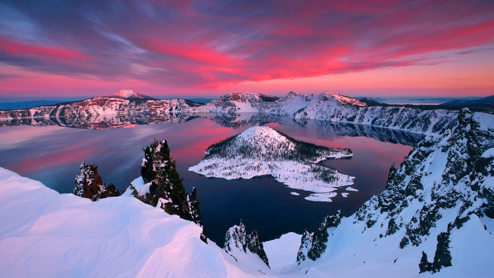 Crater Lake sunset during winter