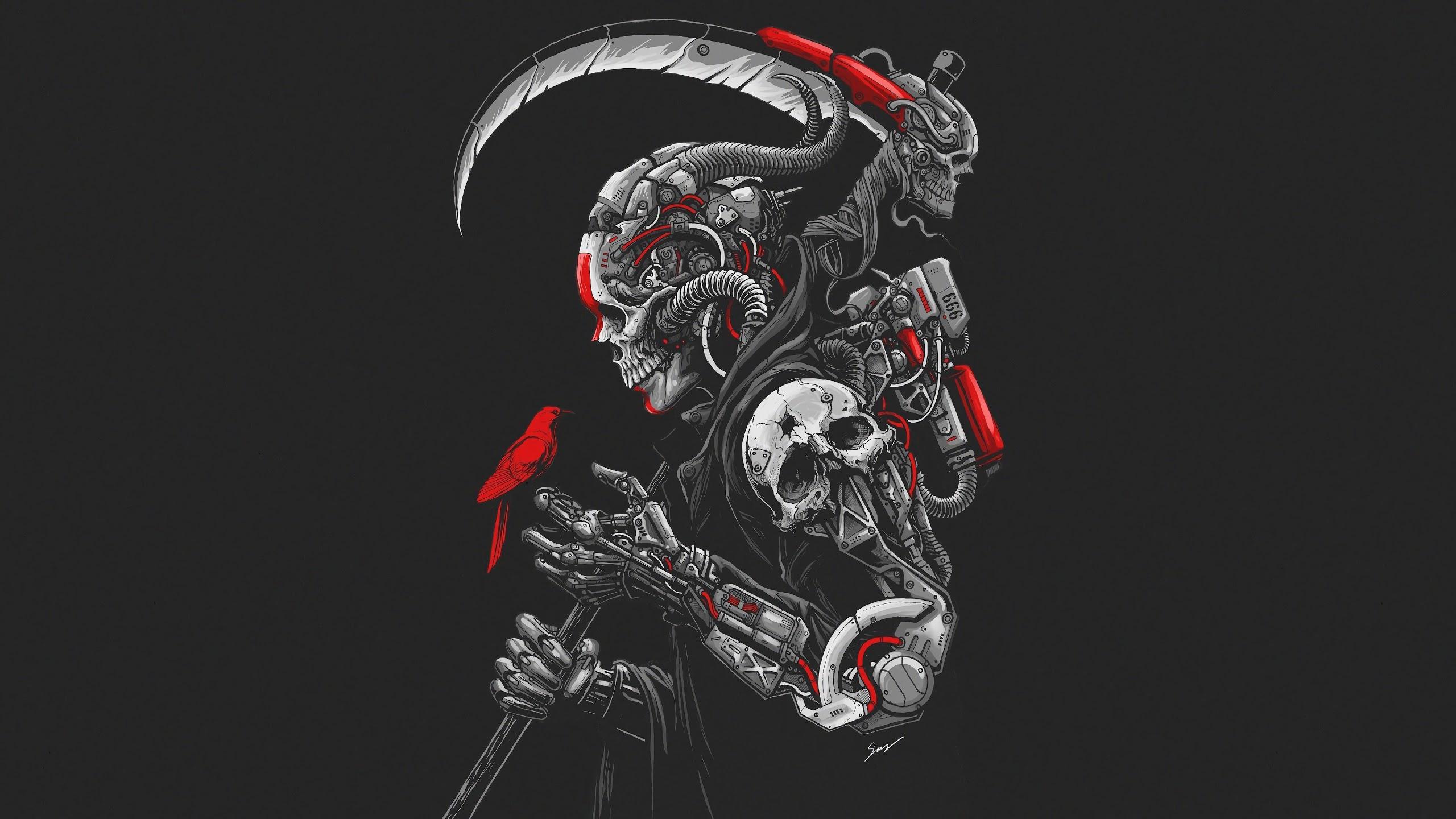 Sci Fi Skull Cyborg Warrior Scythe 4K Wallpaper