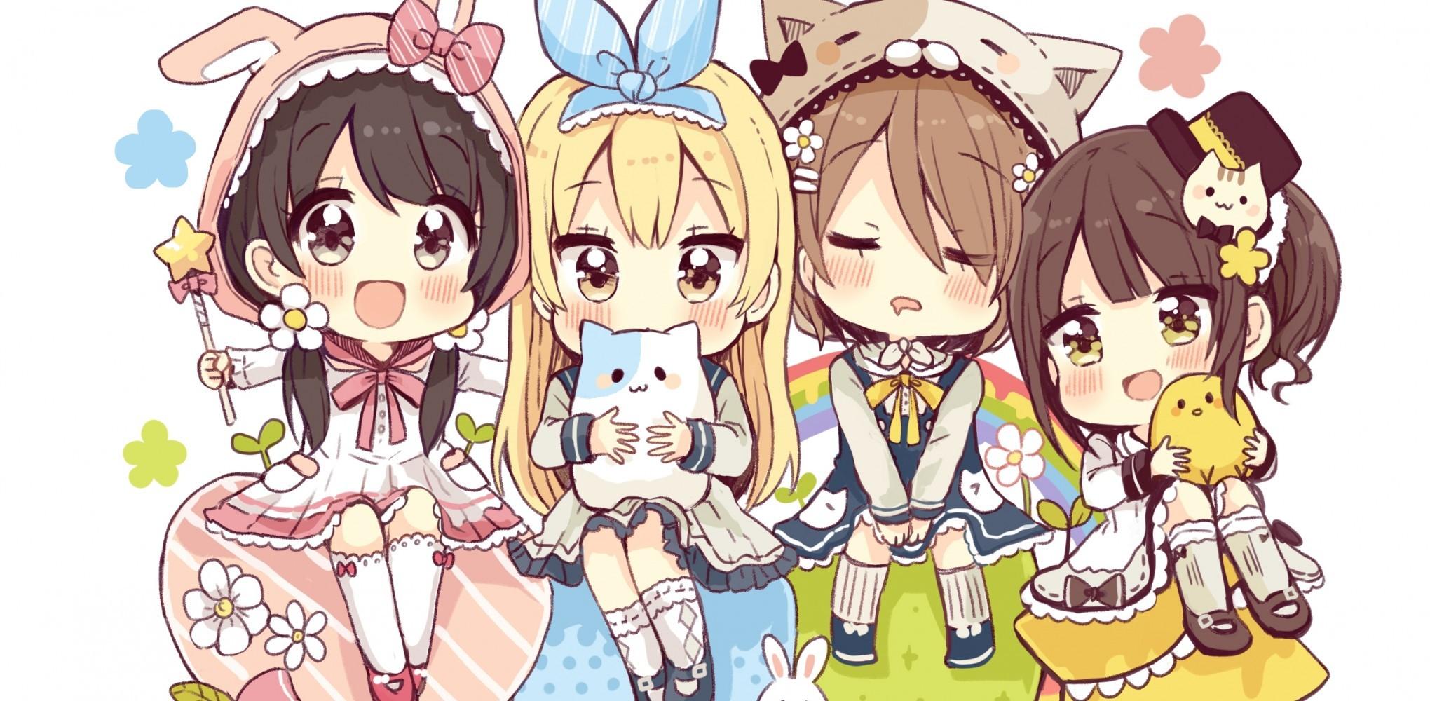 Download 2040x1000 Anime Girls, Chibi, Cute, Friends