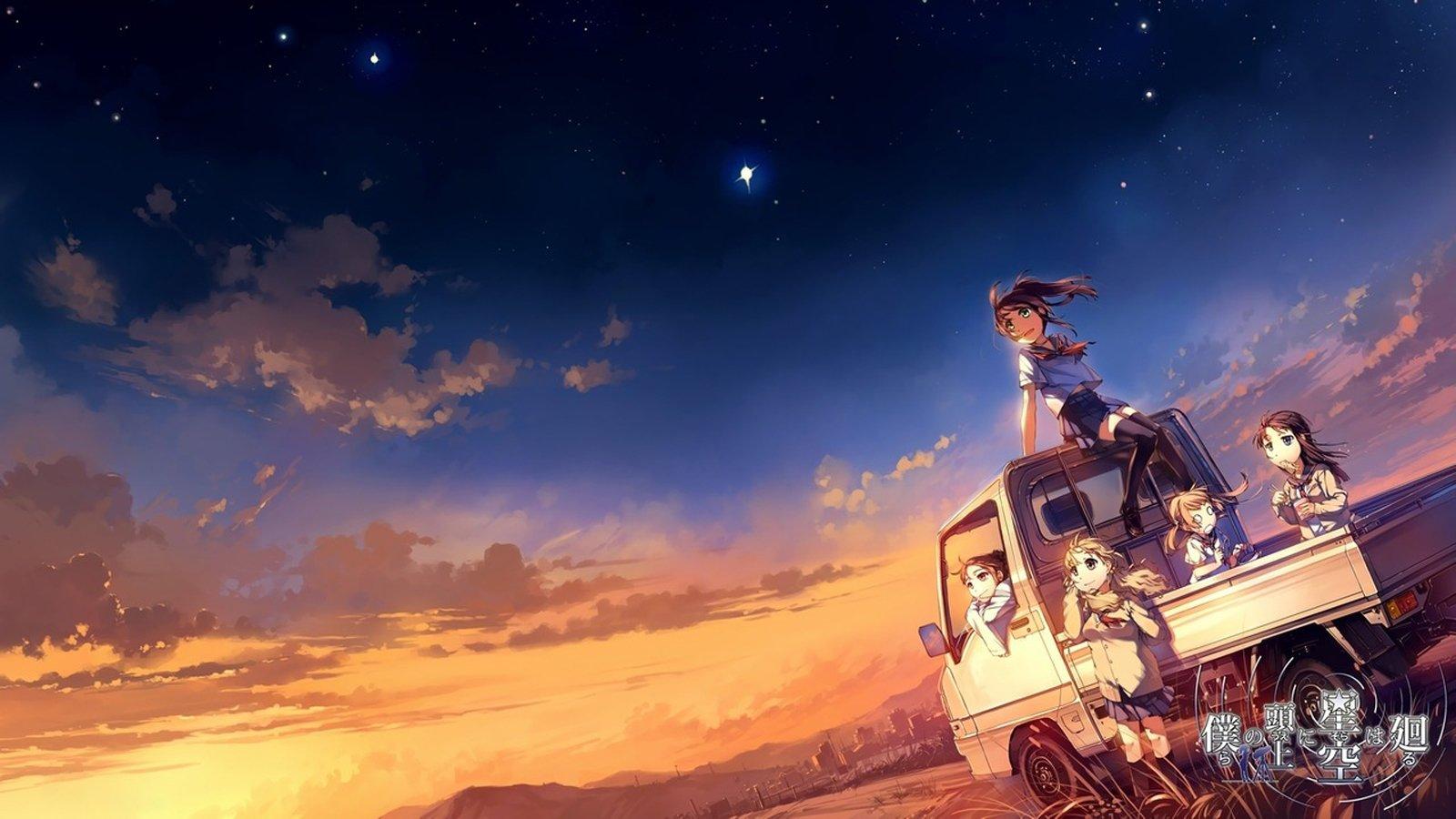 anime, Sky, Blue, Sunset, Sun, Light, Group, Friend, Car, Clouds, City Wallpaper HD / Desktop and Mobile Background