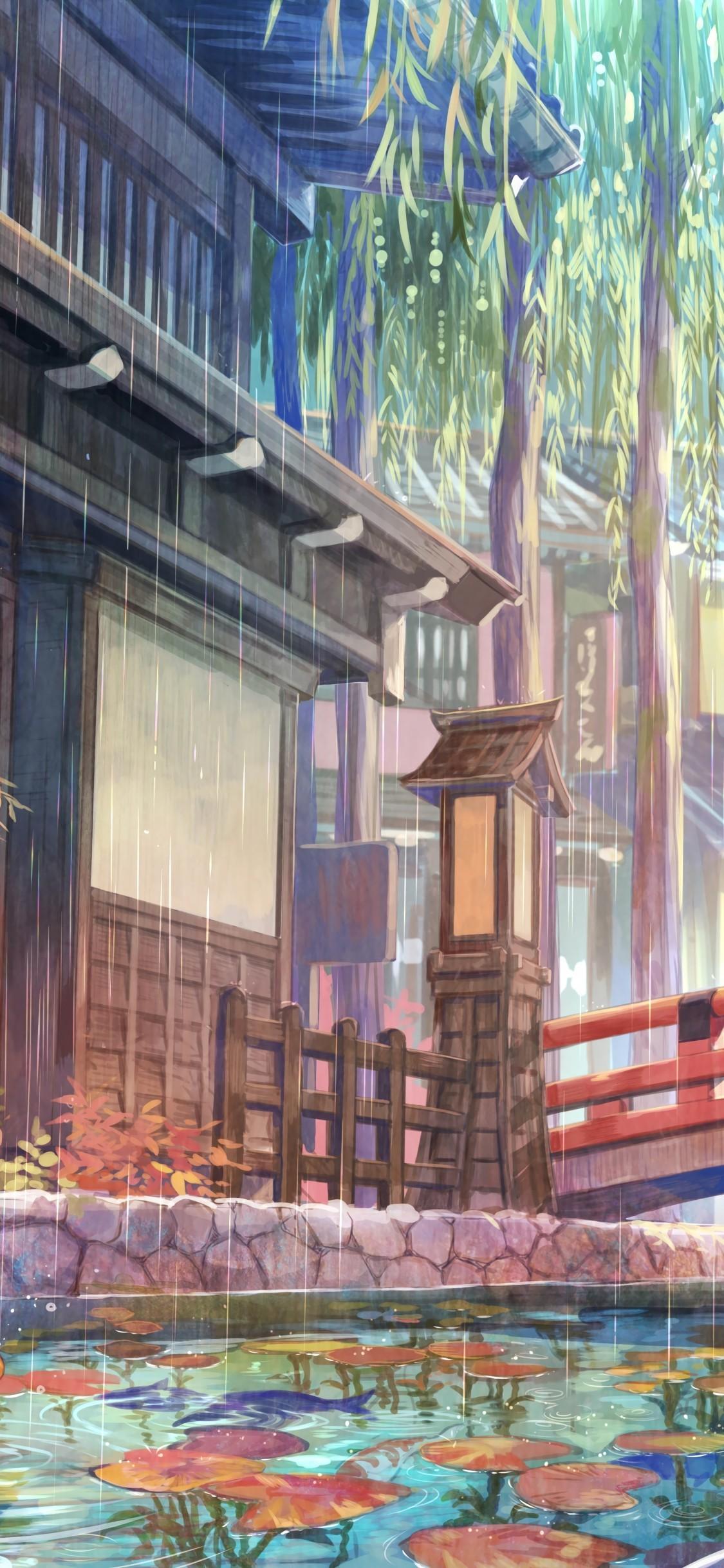 Download 1125x2436 Anime Girl, Kimono, Traditional Japanese House, Water, Raining Wallpaper for iPhone X
