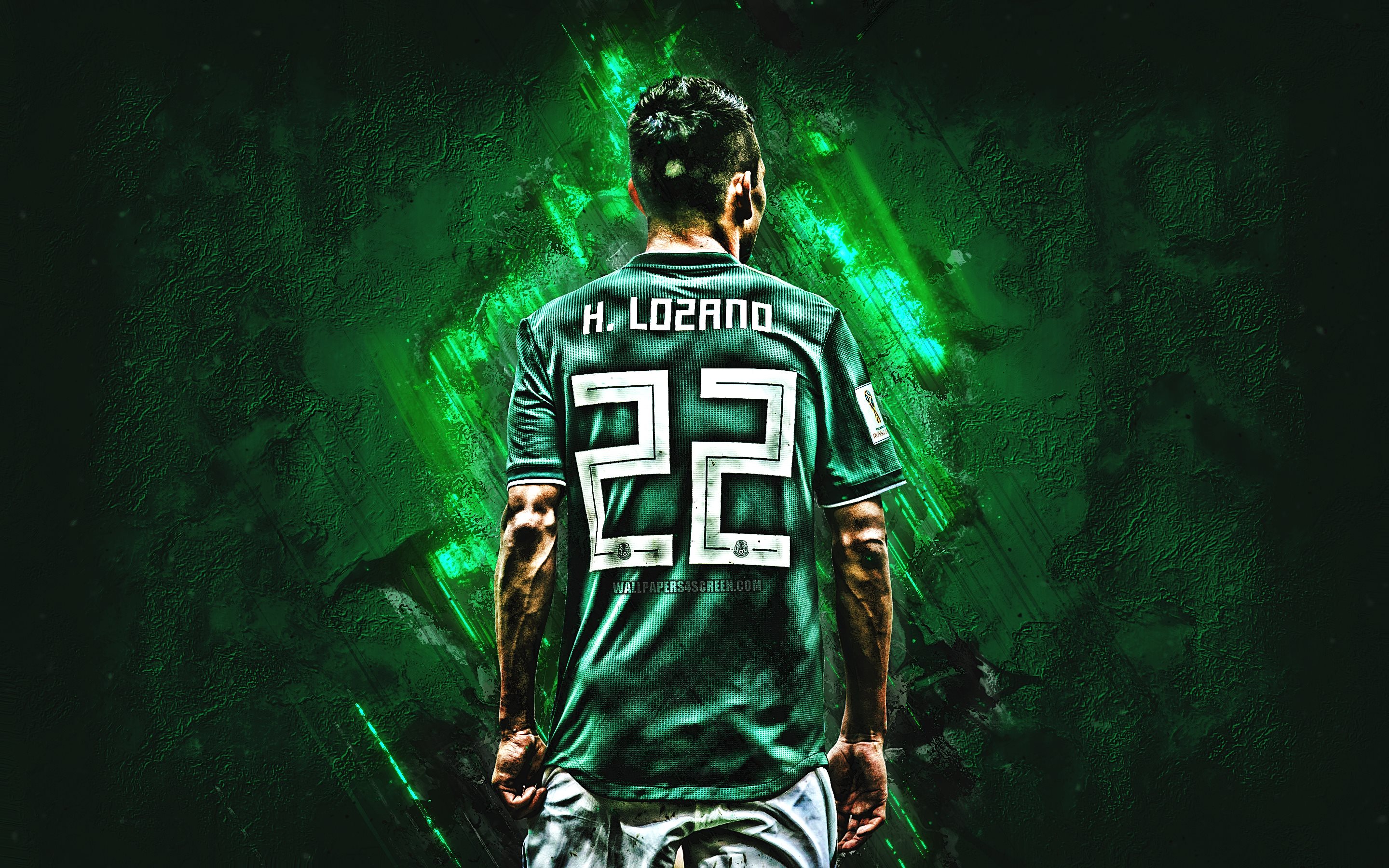 Download wallpaper Hirving Lozano, grunge, Mexico national football team, green stone, Mexican footballers, soccer, Lozano, Mexico, football for desktop with resolution 2880x1800. High Quality HD picture wallpaper