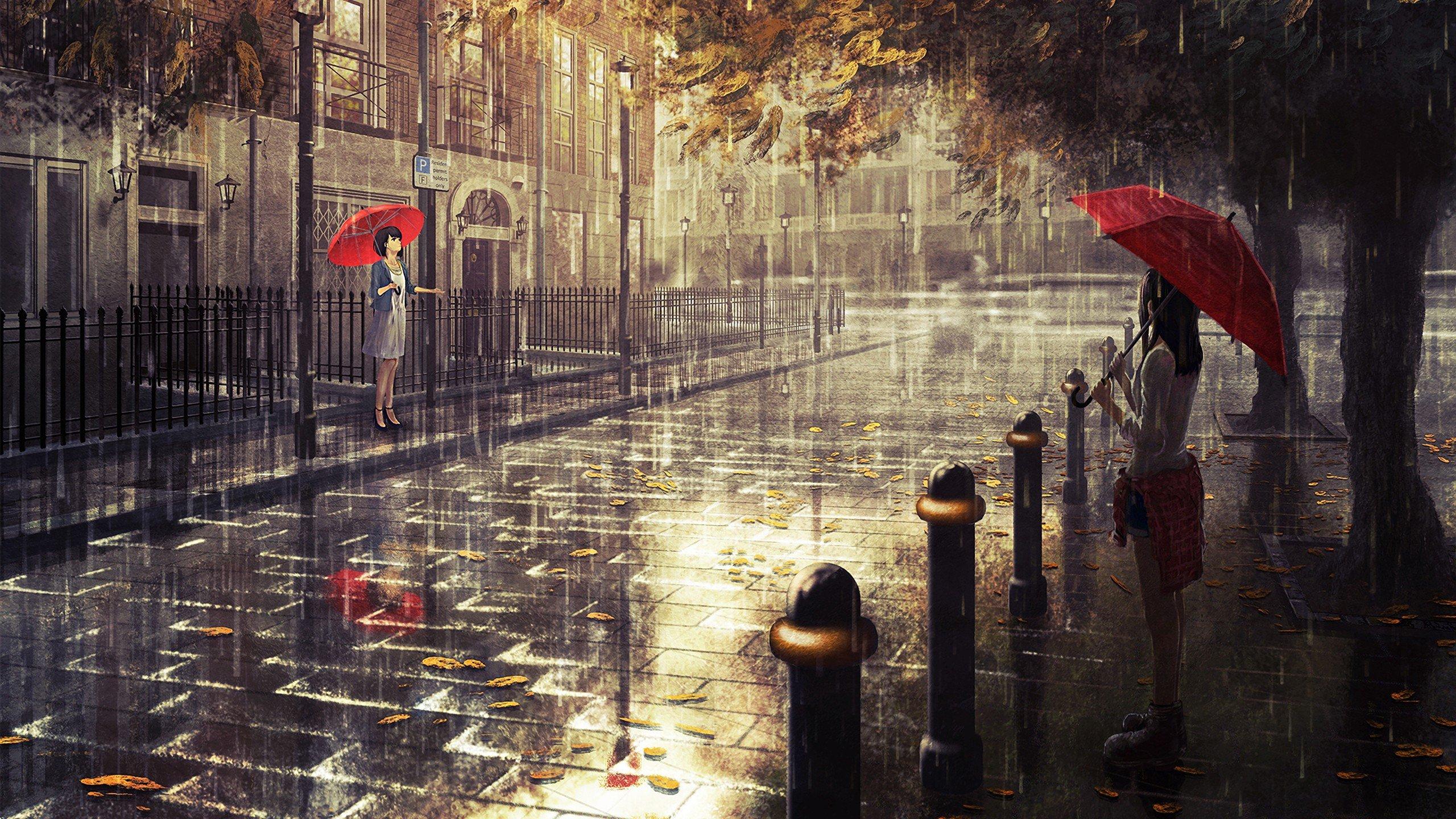 anime girls, Artwork, Rain Wallpaper HD / Desktop and Mobile