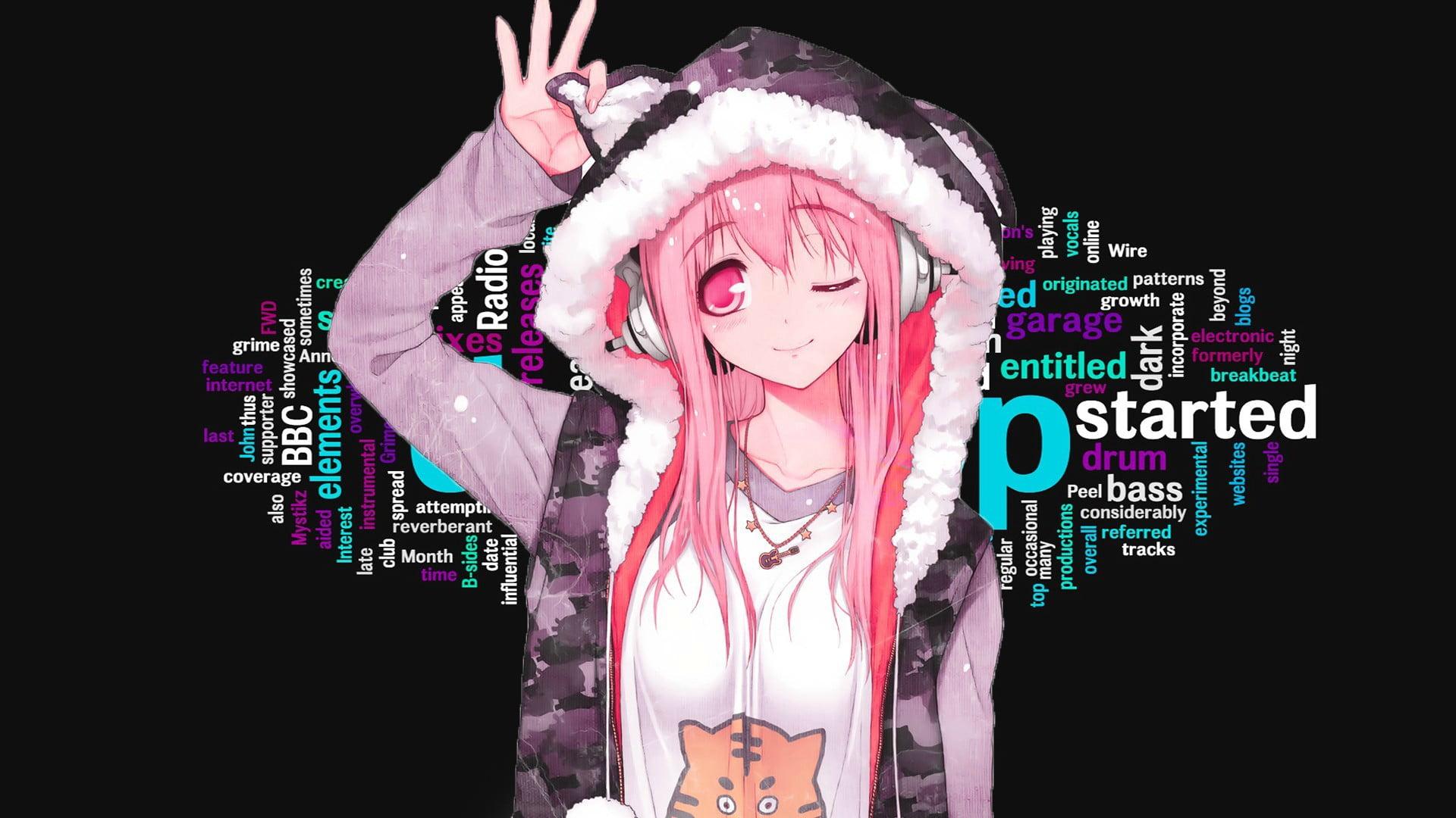 Pink haired female wearing purple hoodie anime character