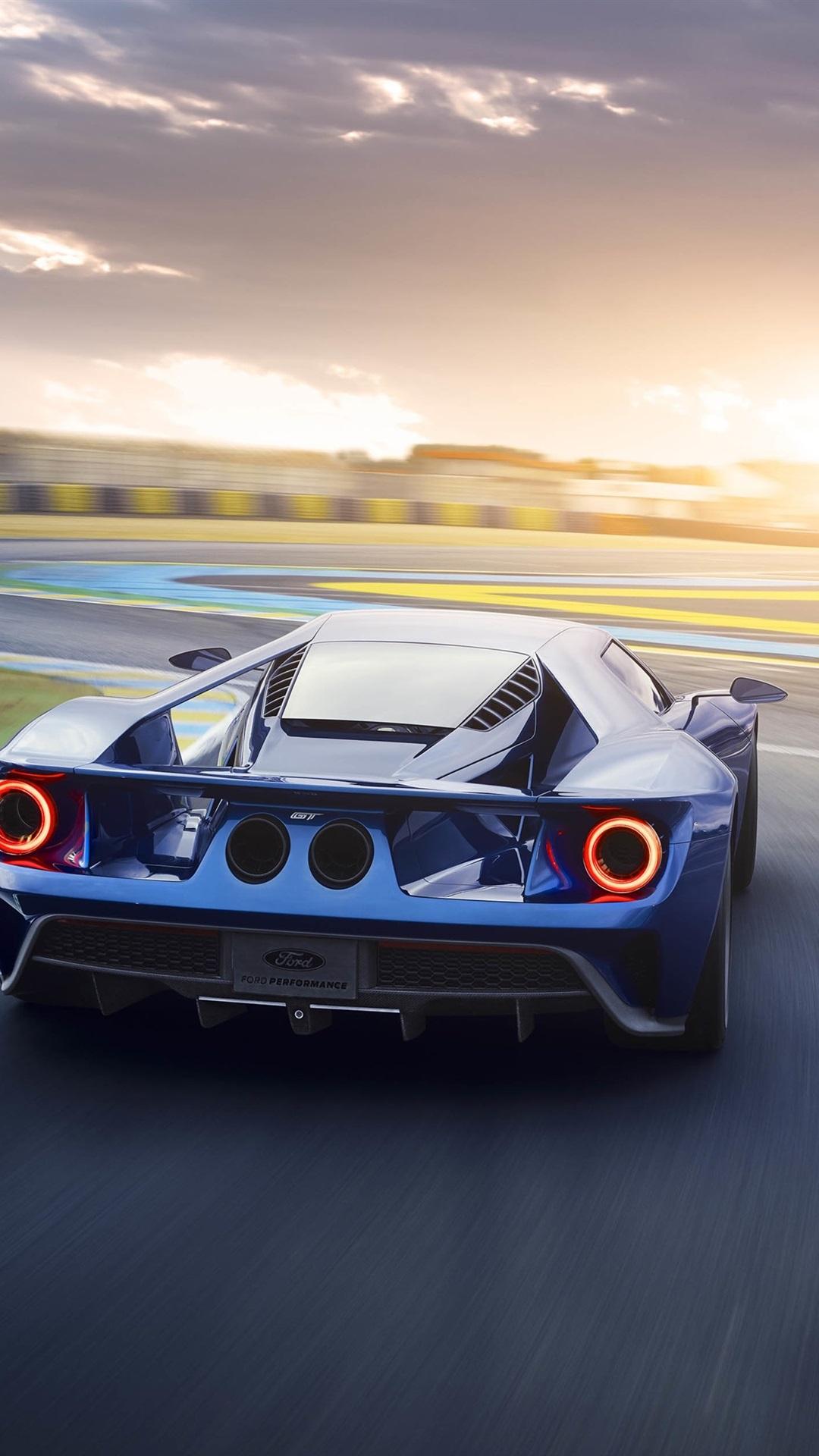Ford GT II blue supercar back view and speed 1080x1920
