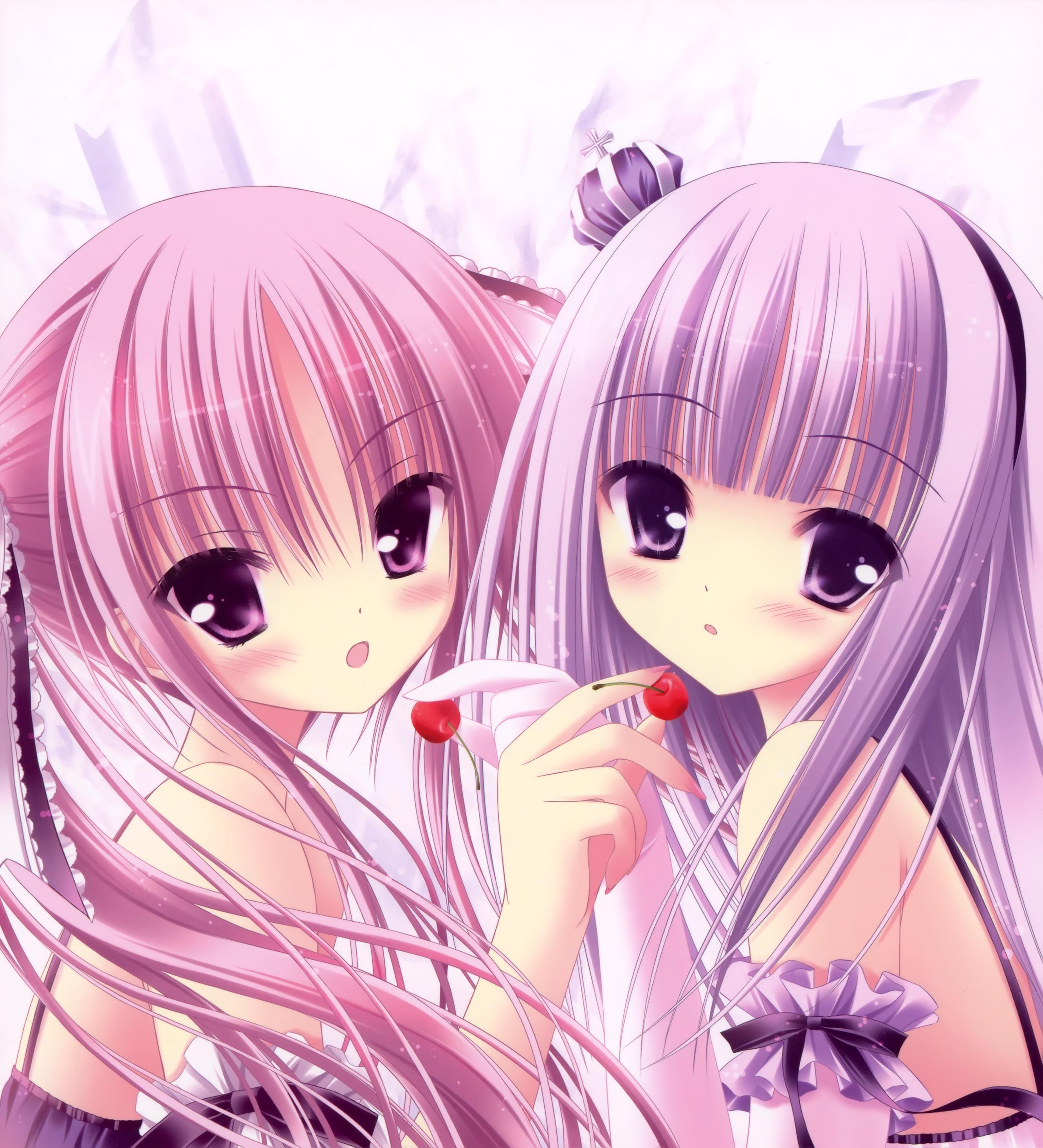 food, ribbons, cherries, purple hair, pink hair, anime