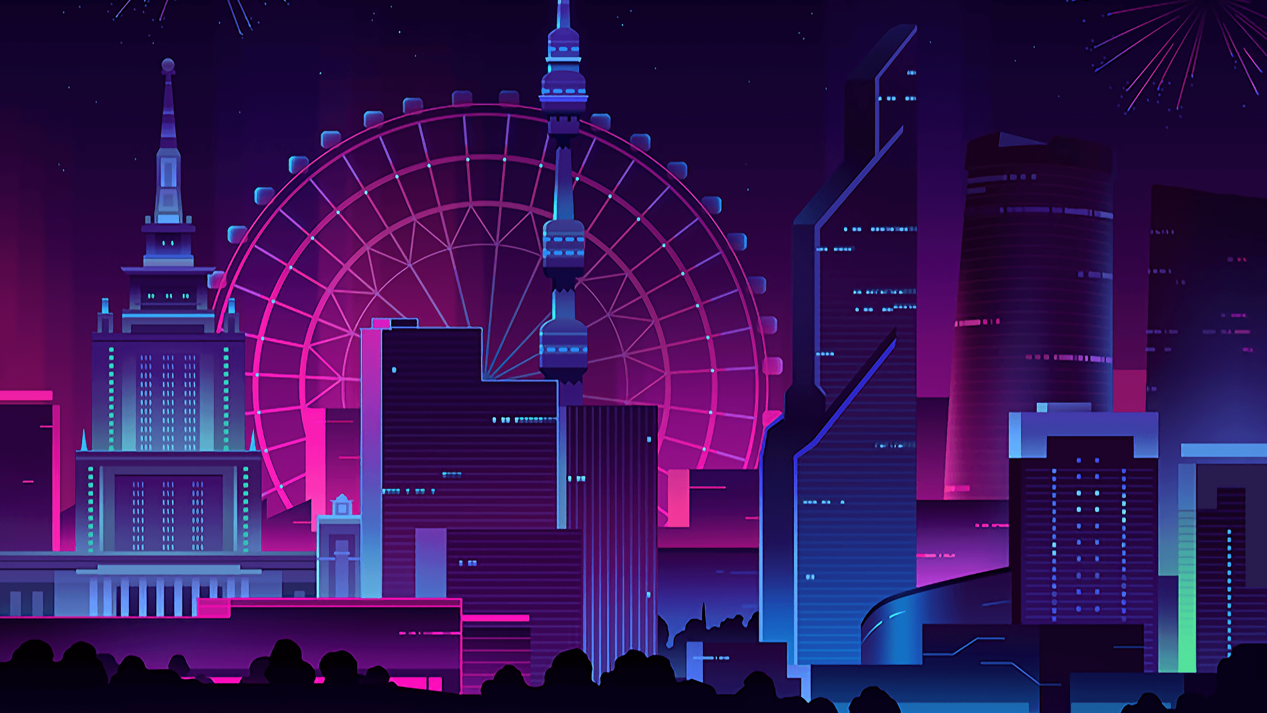 Minimal Neon City, Fireworks Wallpaper & Background