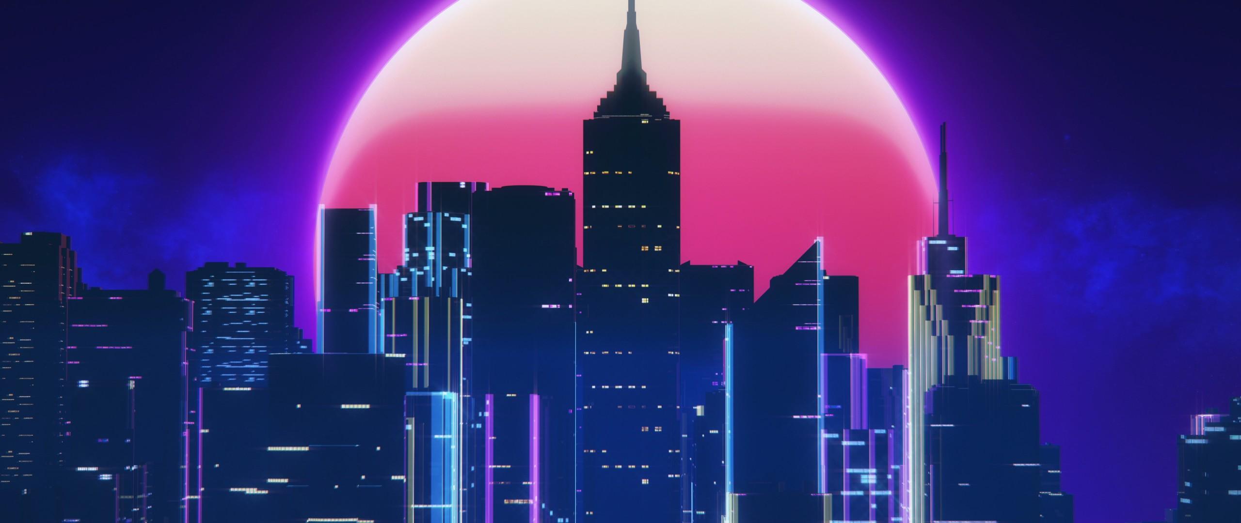 Synthwave City Retro Neon 4k 2560x1080 Resolution