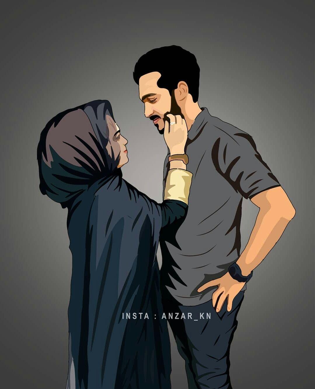 Muslim couple art. Love cartoon couple