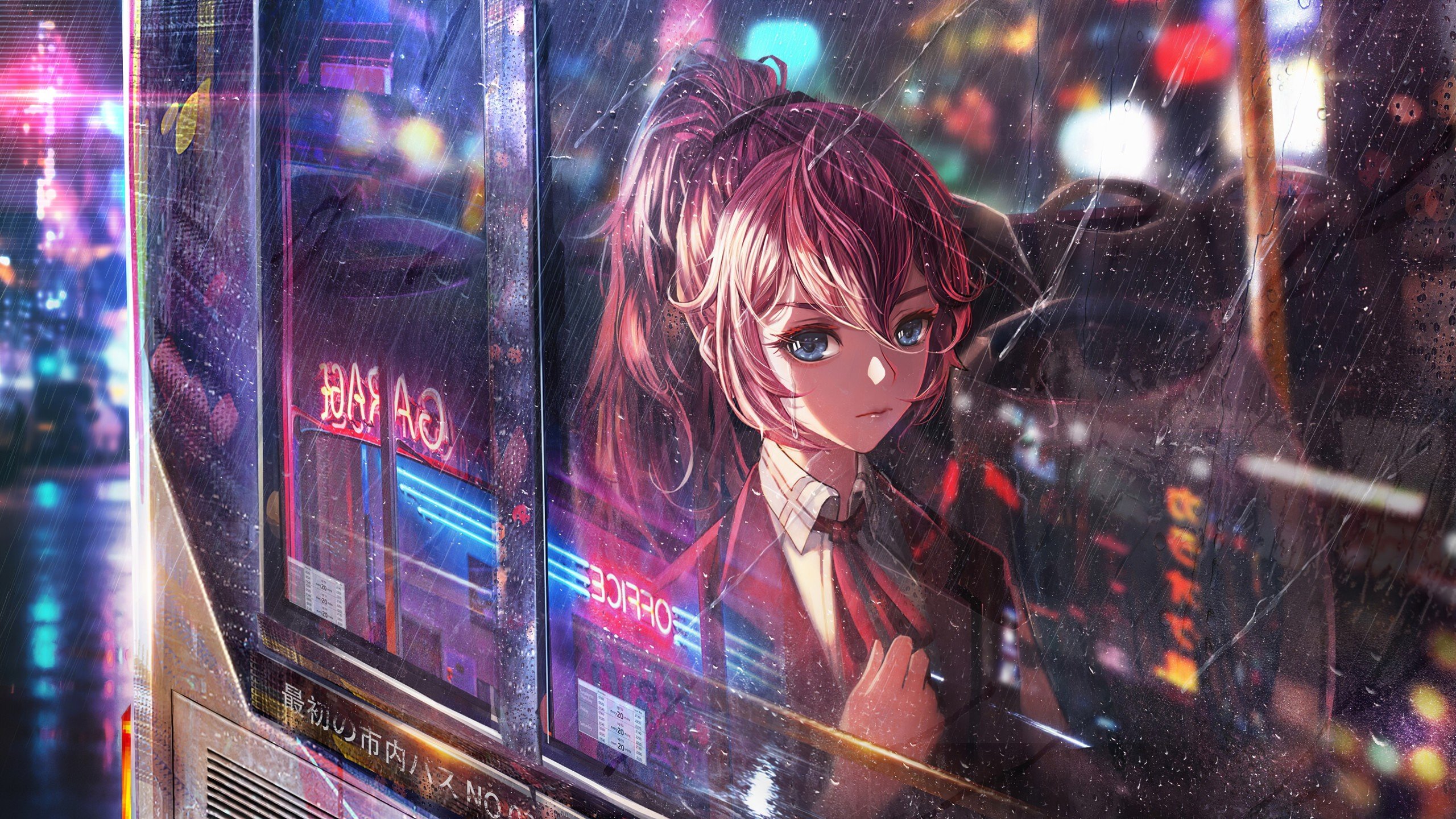 Anime Girl Bus Window Neon City 4k 1440P Resolution HD