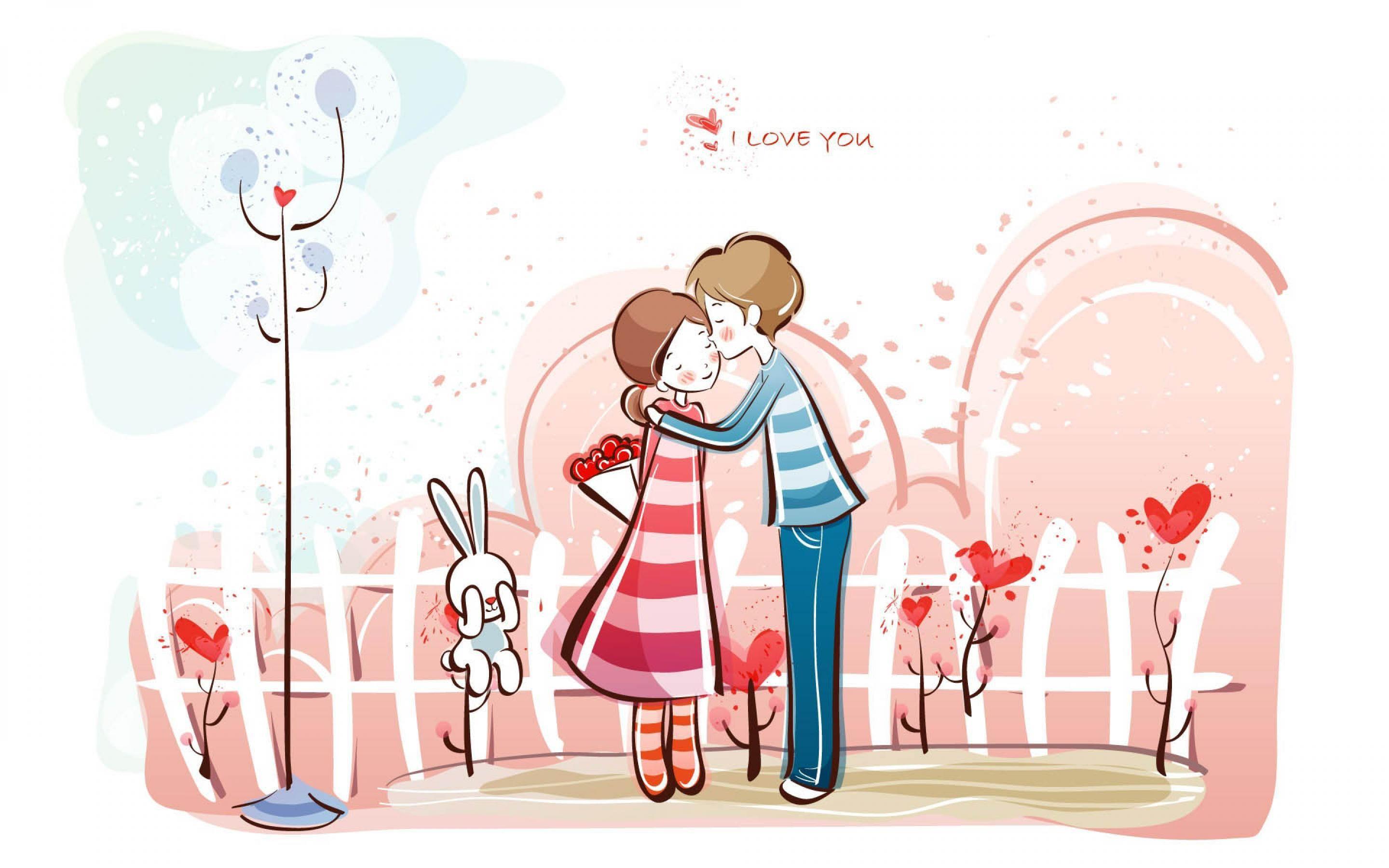 Sweet Valentines Day Kissing Couple Cartoon Wallpaper HD