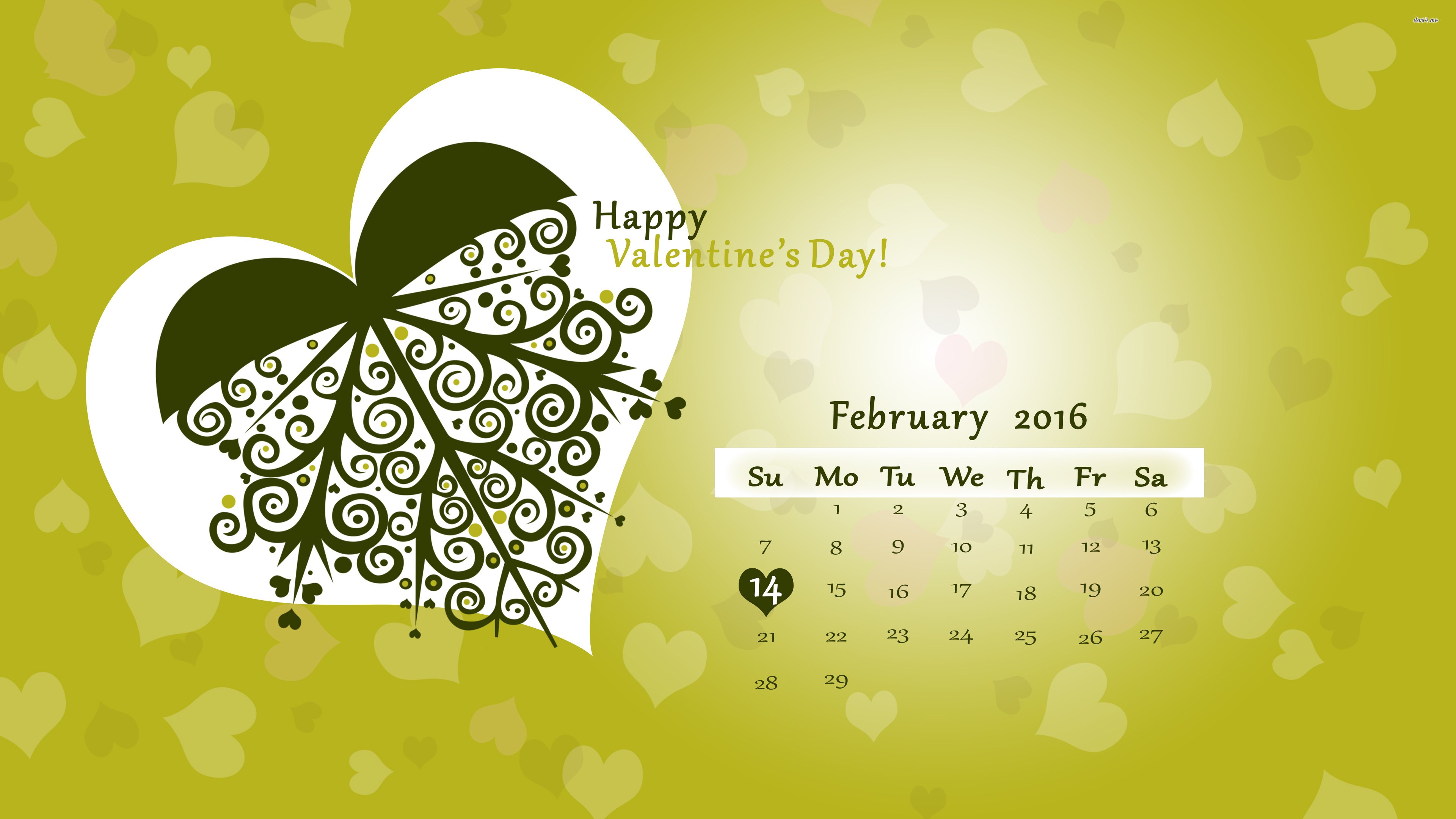 February green Valentine's Day calendar wallpaper