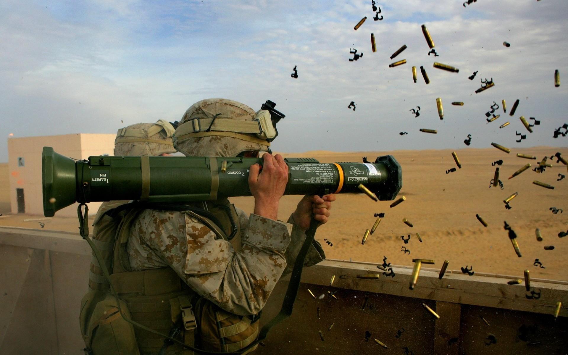 The soldier fires a Bazooka