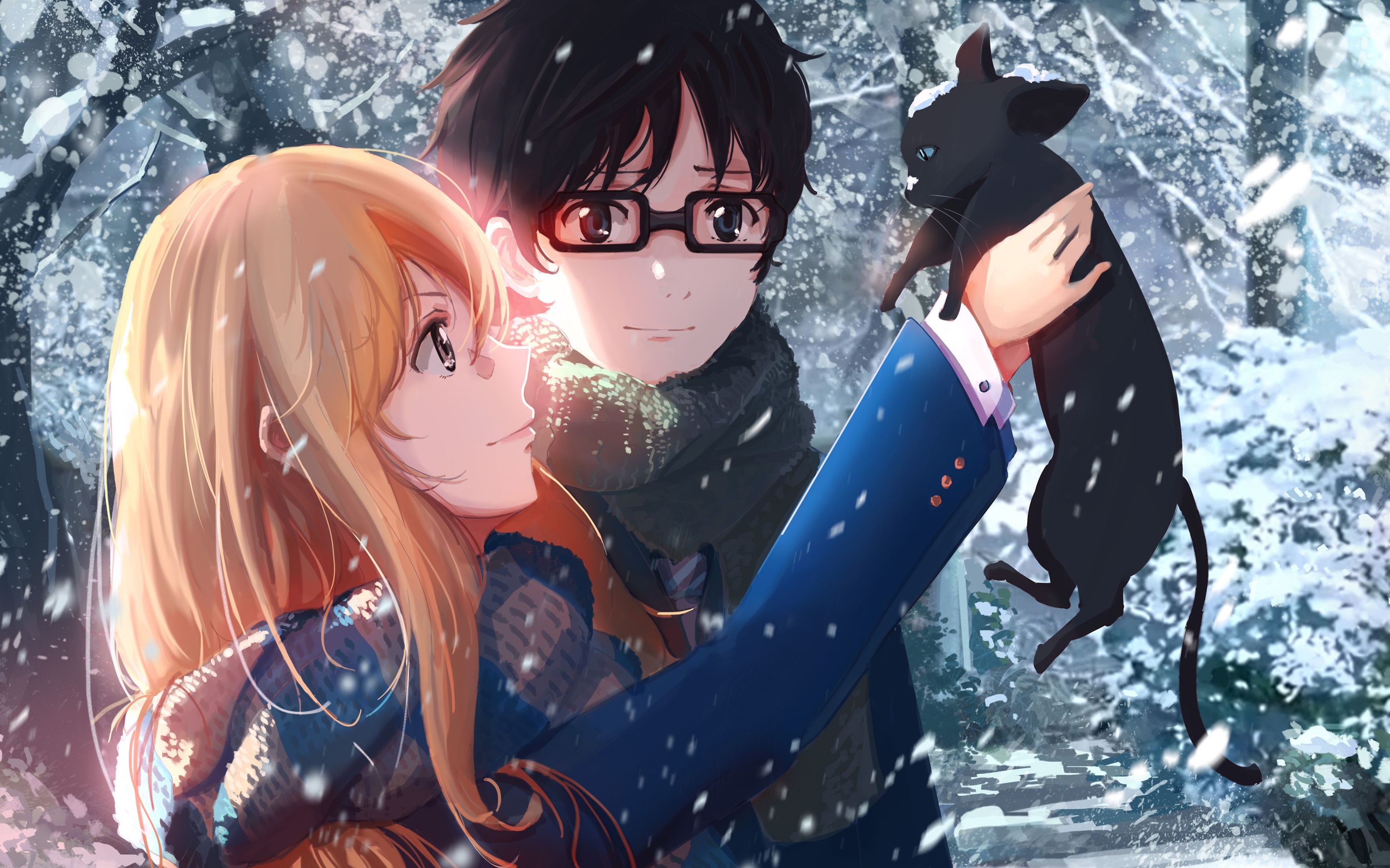 Wallpaper Anime girl and boy in winter, cat, snow 3840x2160 UHD 4K