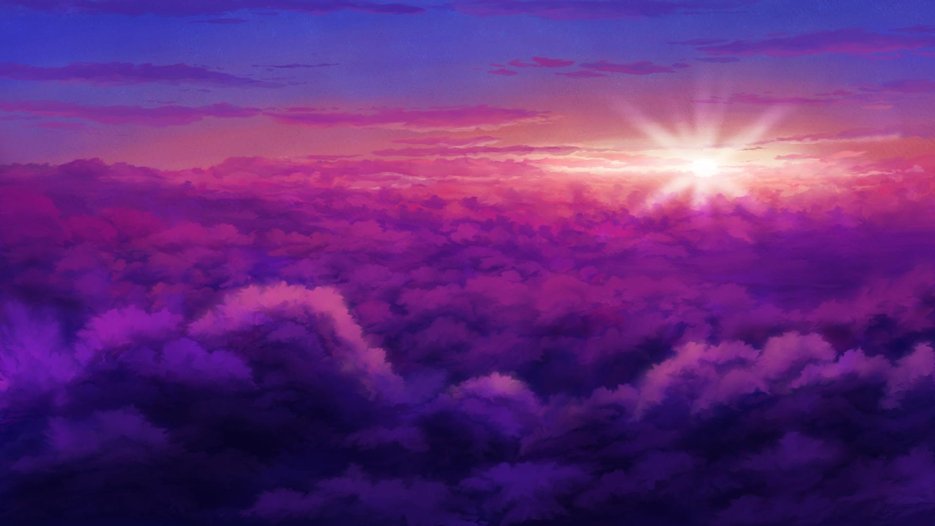 Download 1920x1080 Anime Landscape, Clouds, Sunset Wallpaper