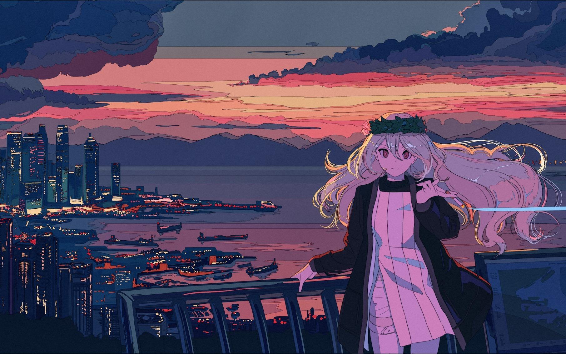 Anime Girl In Balcony Cityscape Sea And Sunset Wallpaper, HD